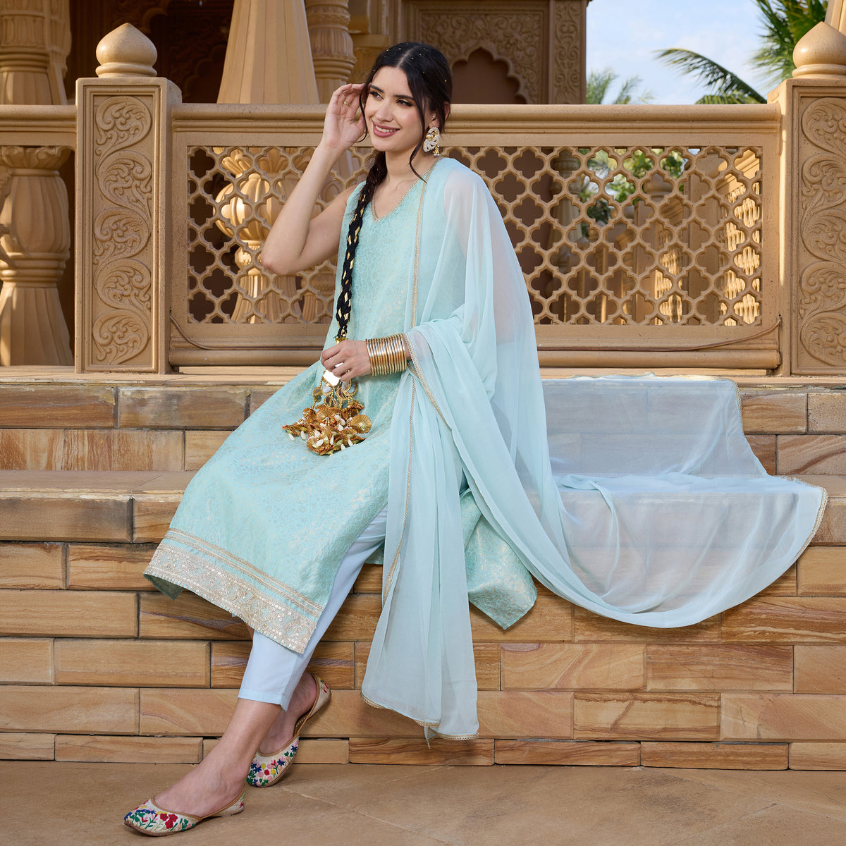 Brocade kurta with trousers and dupatta