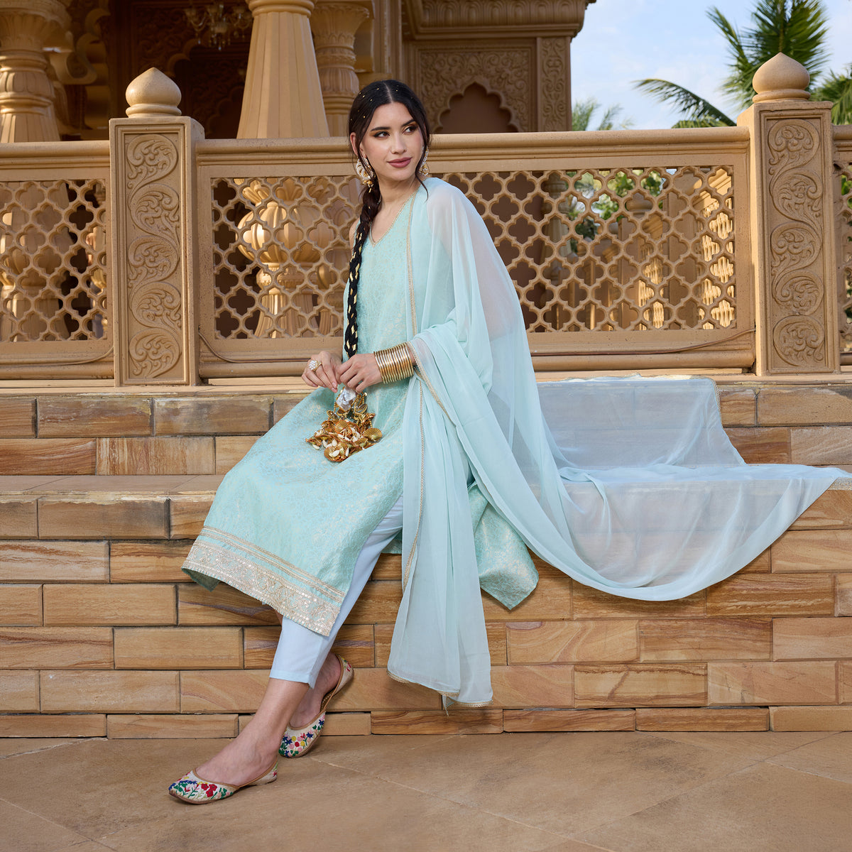 Brocade kurta with trousers and dupatta