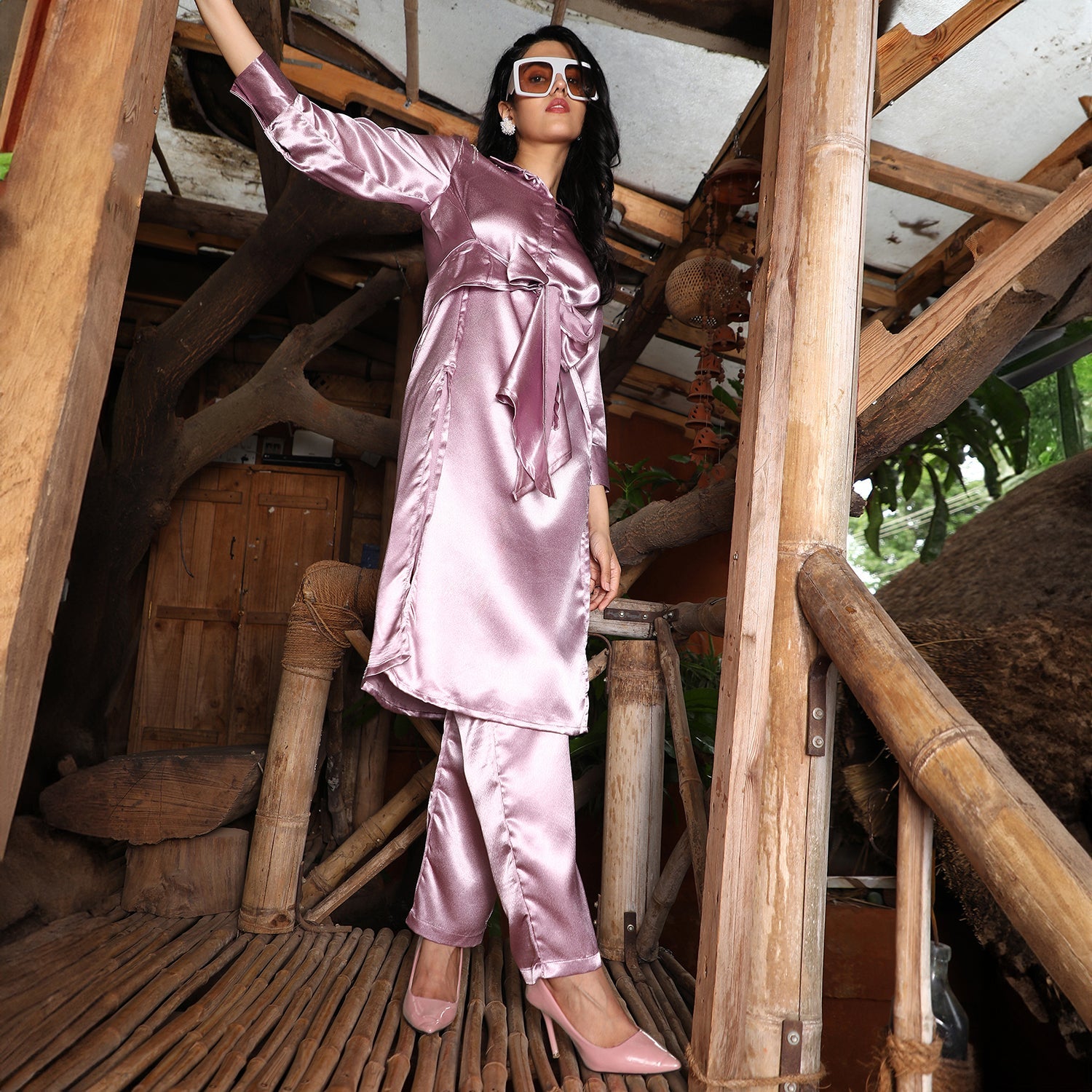 Satin Tie-Up Kurta With Trousers