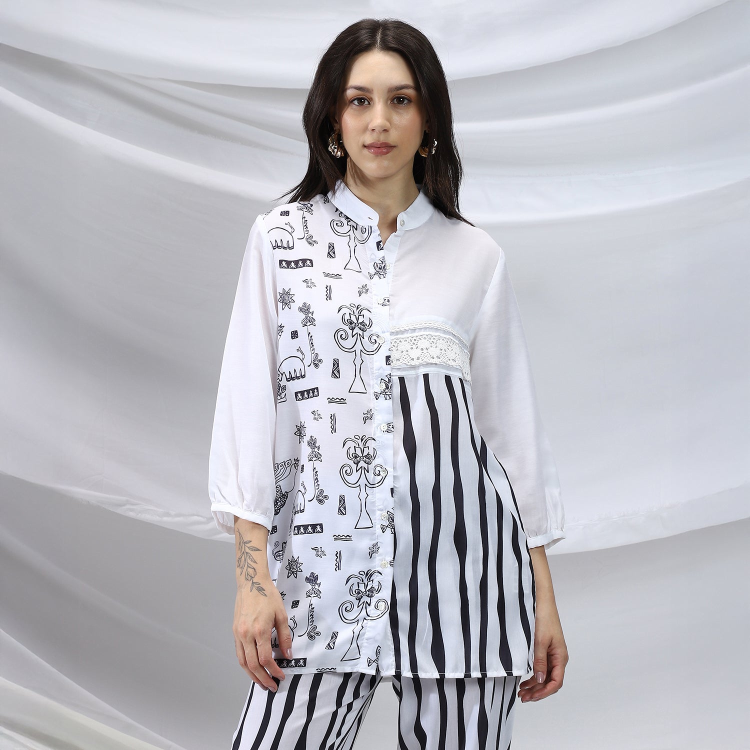Striped Block Print Kurti With Trousers