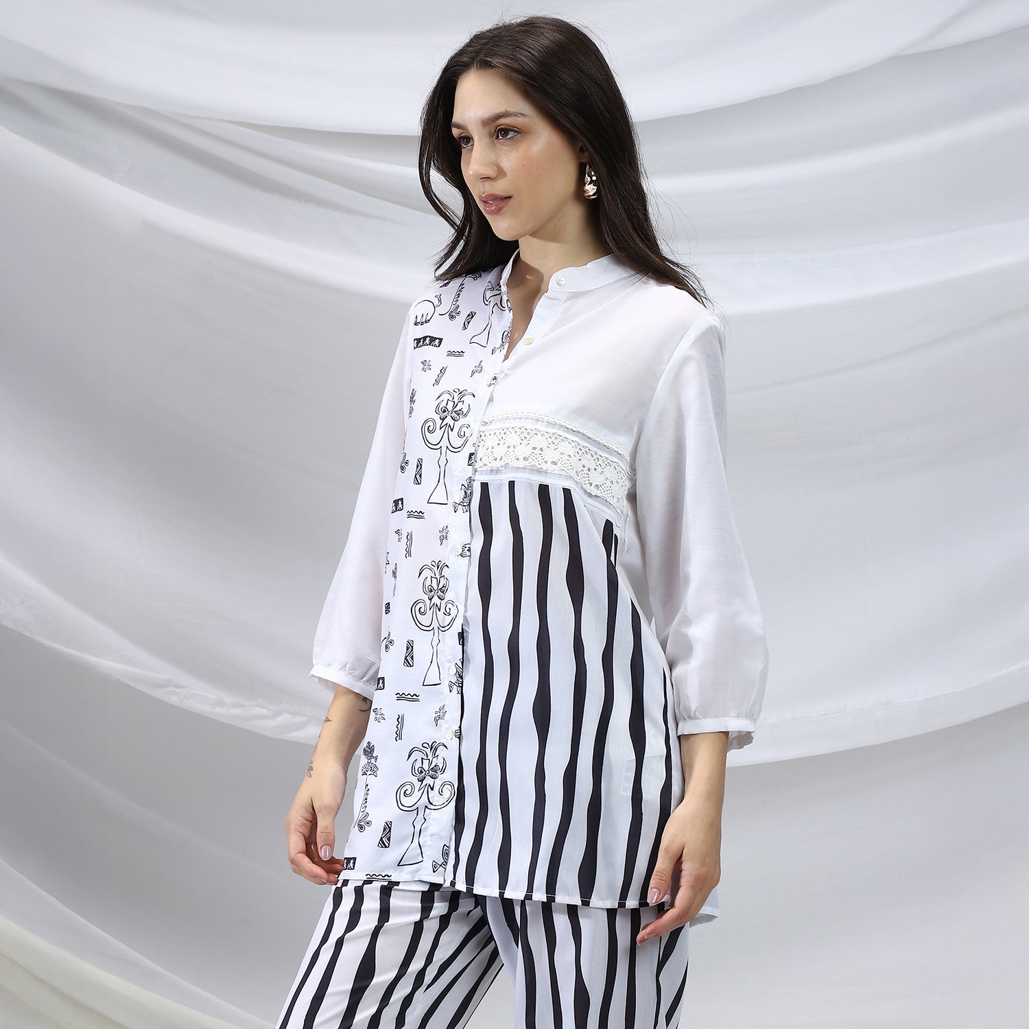 Striped Block Print Kurti With Trousers