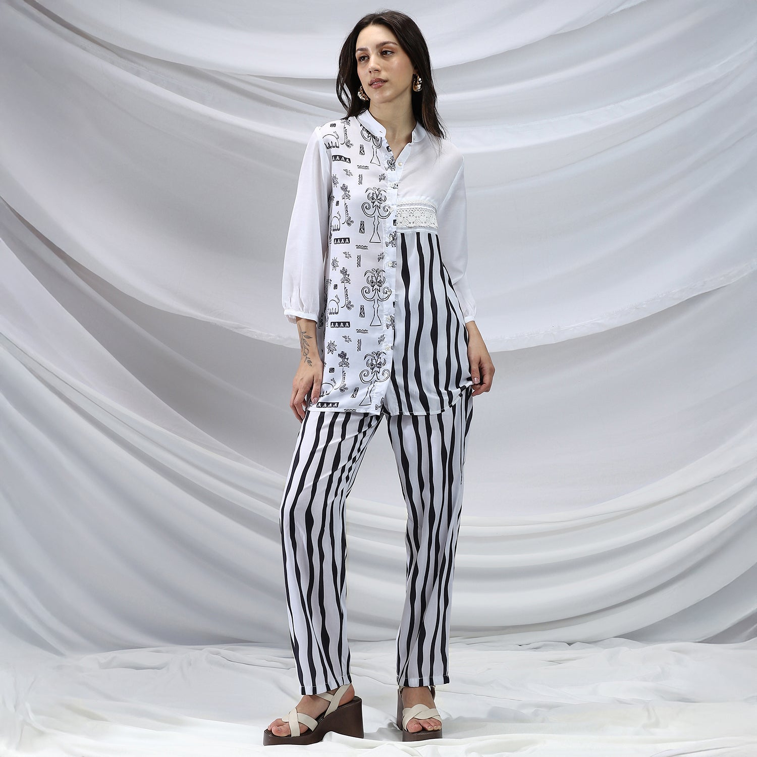 Striped Block Print Kurti With Trousers