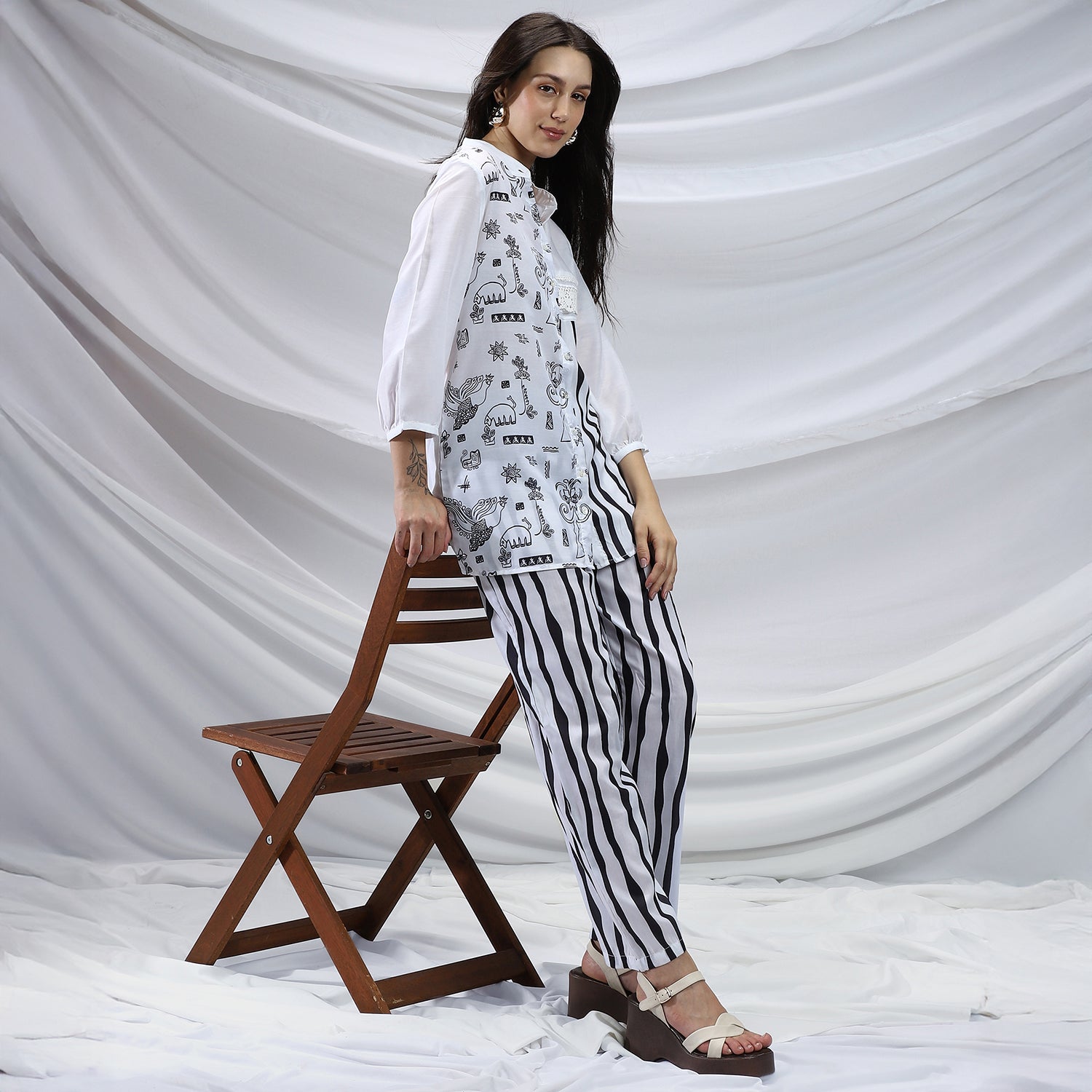 Striped Block Print Kurti With Trousers