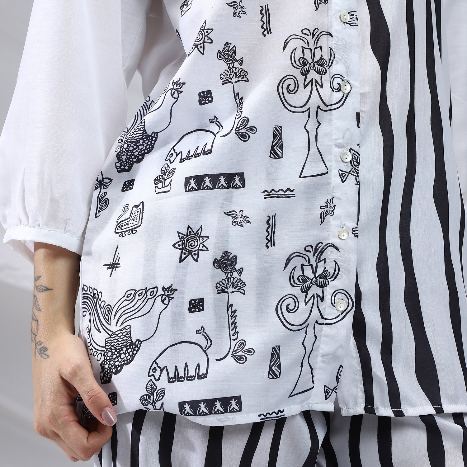 Striped Block Print Kurti With Trousers