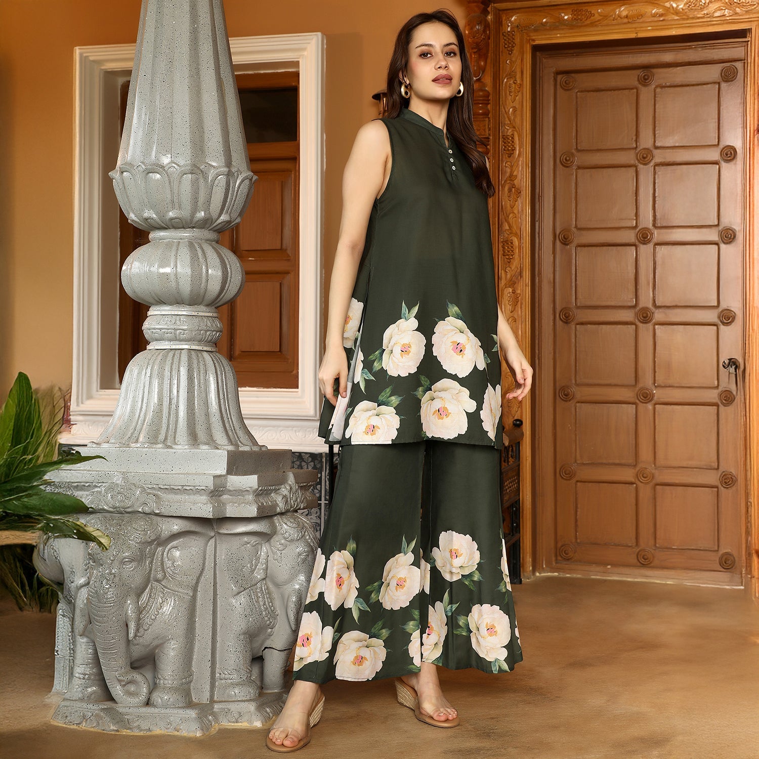 Flared Roses-Imprint Kurta Set