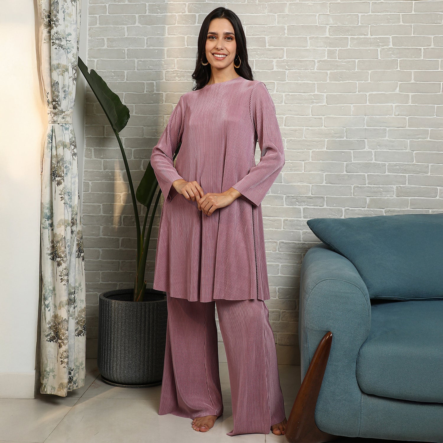 Solid Pleated Kurta Set