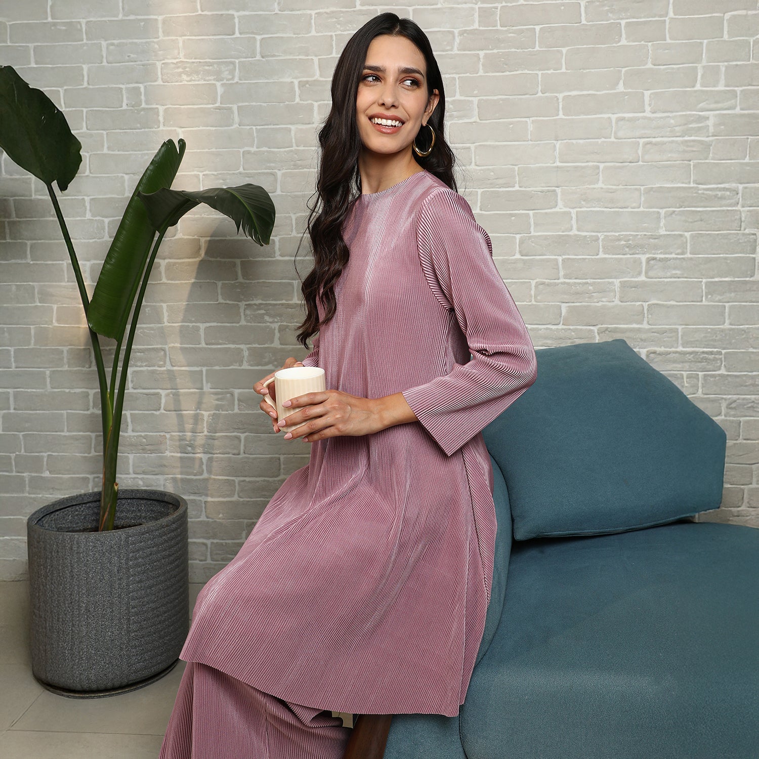 Solid Pleated Kurta Set