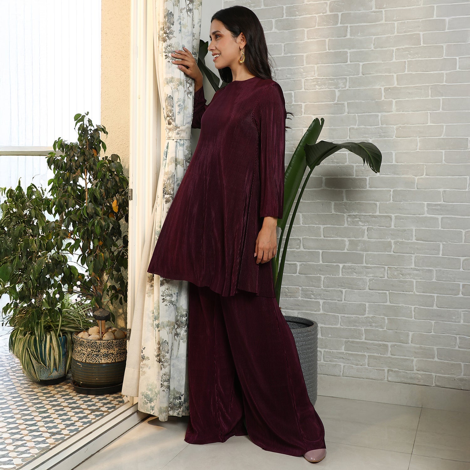 Solid Pleated Kurta Set
