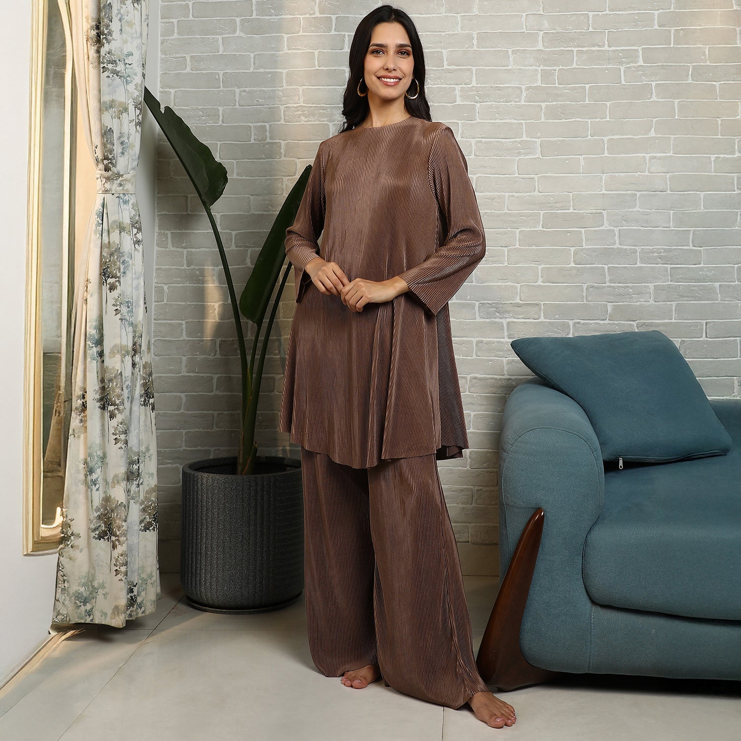 Solid Pleated Kurta Set