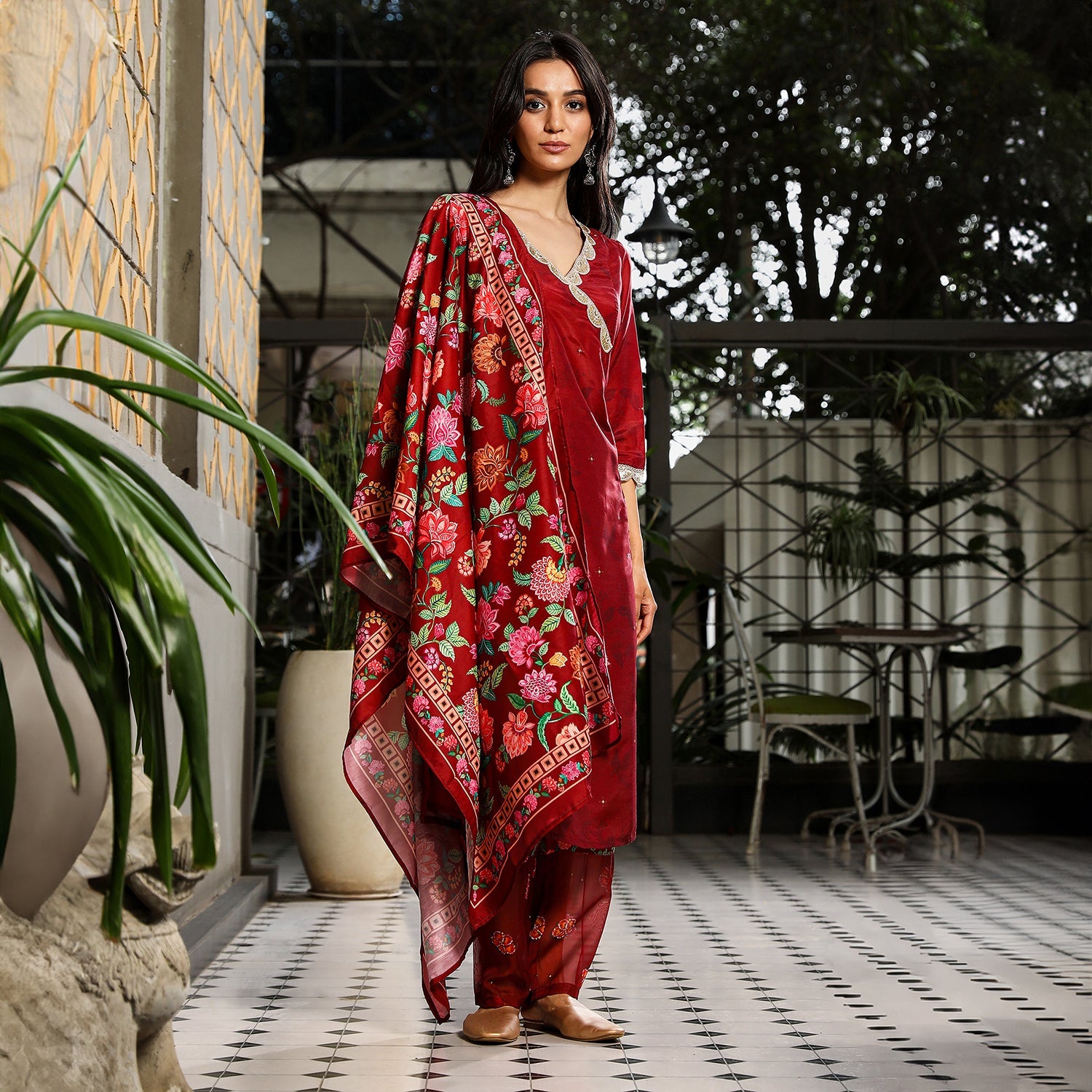 Botanical Block Kurta With Trousers & Dupatta