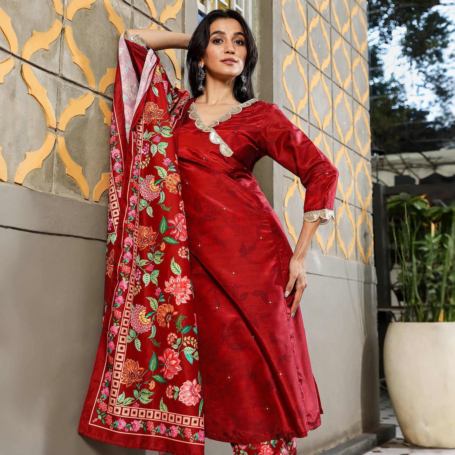 Botanical Block Kurta With Trousers & Dupatta