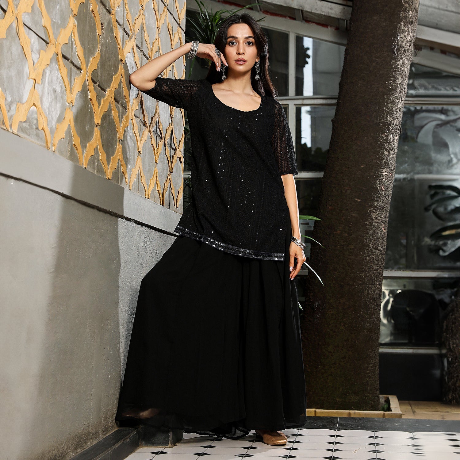 Solid Schiffli Kurti With Palazzo & Dupatta