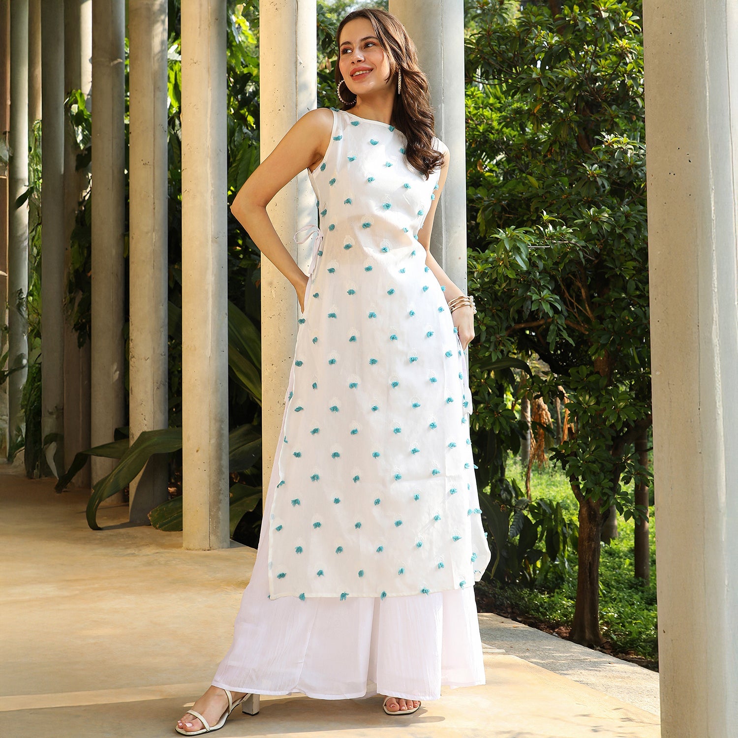 Bloom Motif Kurta With Crop Top And Palazzo