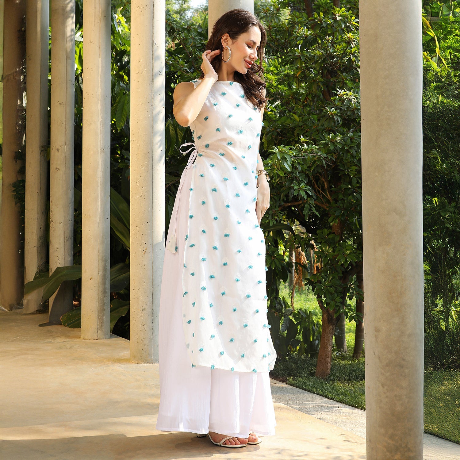 Bloom Motif Kurta With Crop Top And Palazzo
