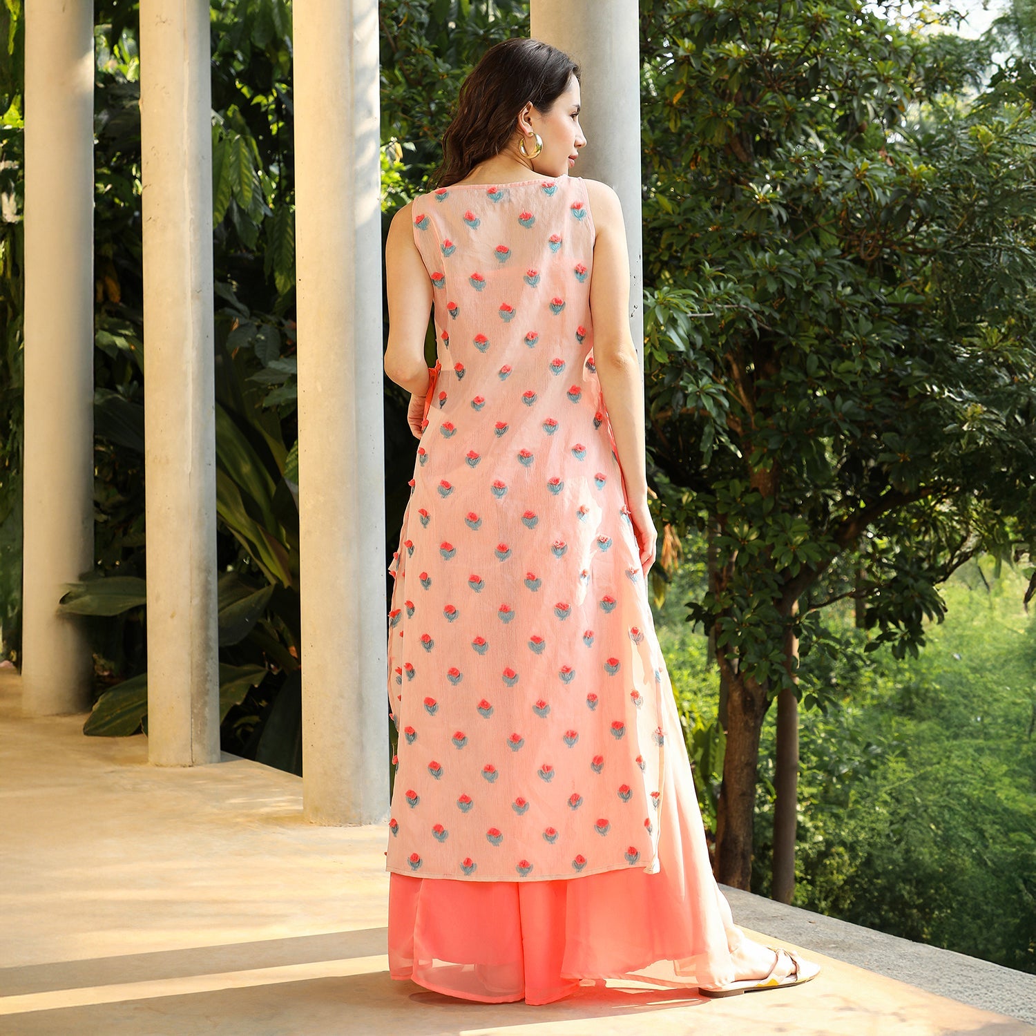 Bloom Motif Kurta With Crop Top And Palazzo