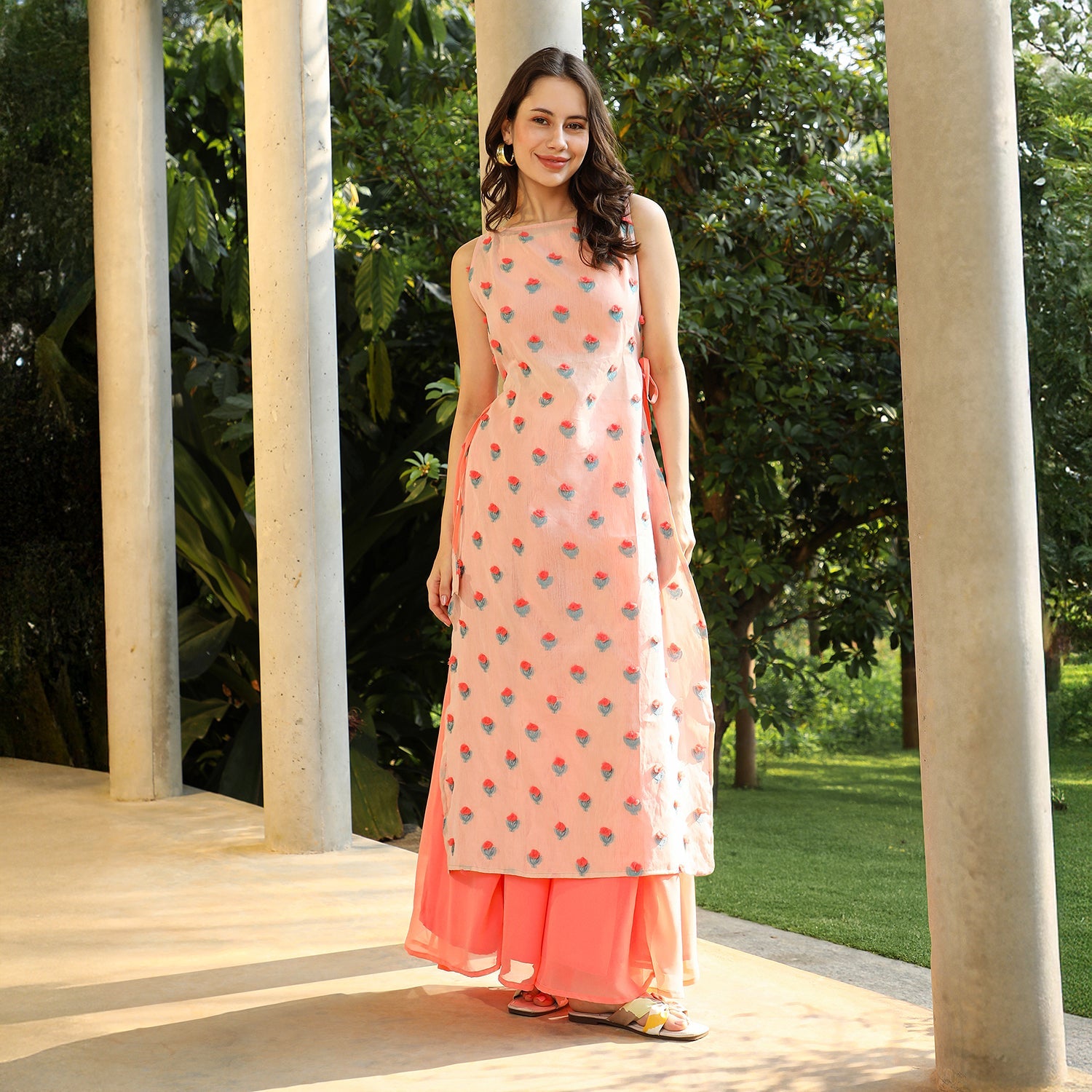 Bloom Motif Kurta With Crop Top And Palazzo