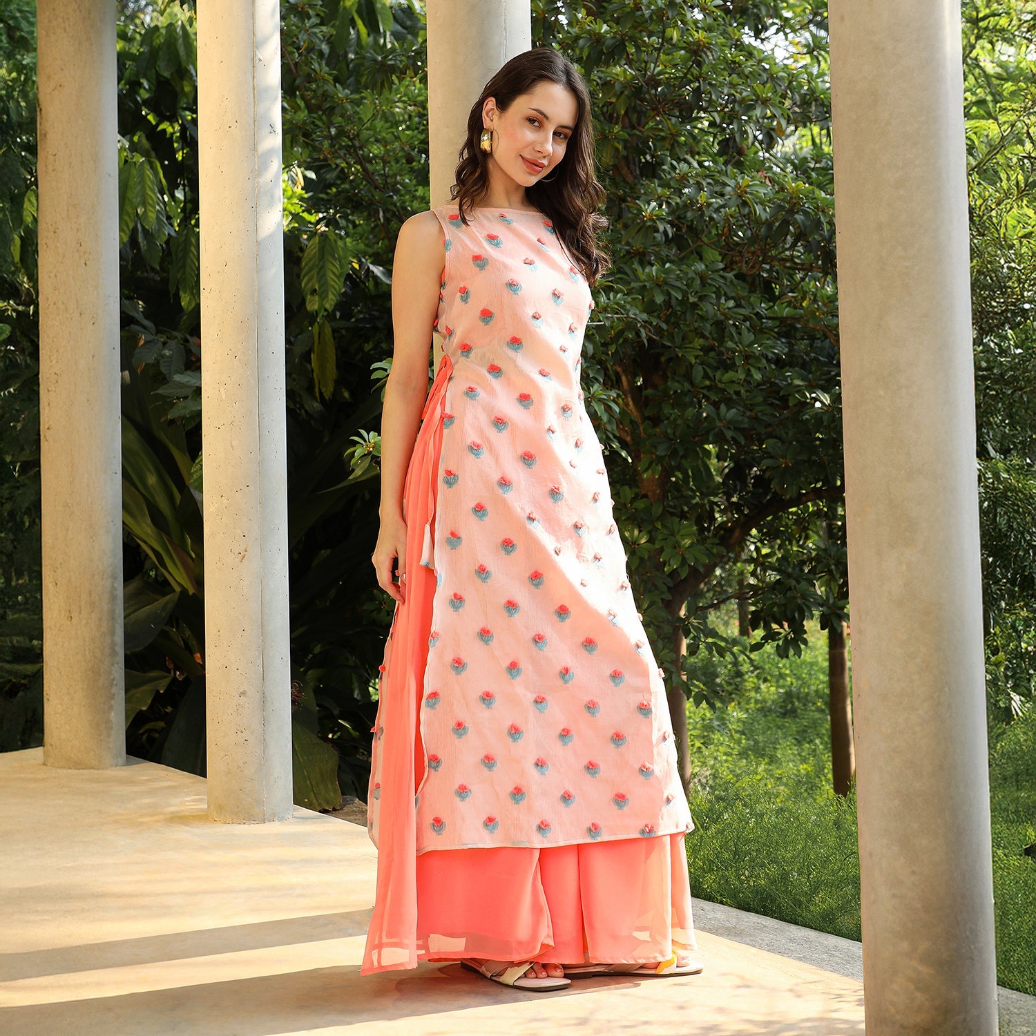 Bloom Motif Kurta With Crop Top And Palazzo