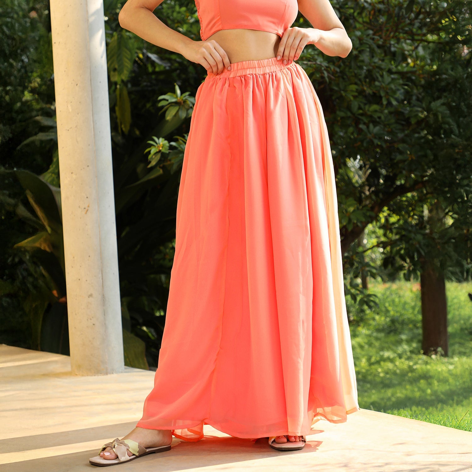 Bloom Motif Kurta With Crop Top And Palazzo