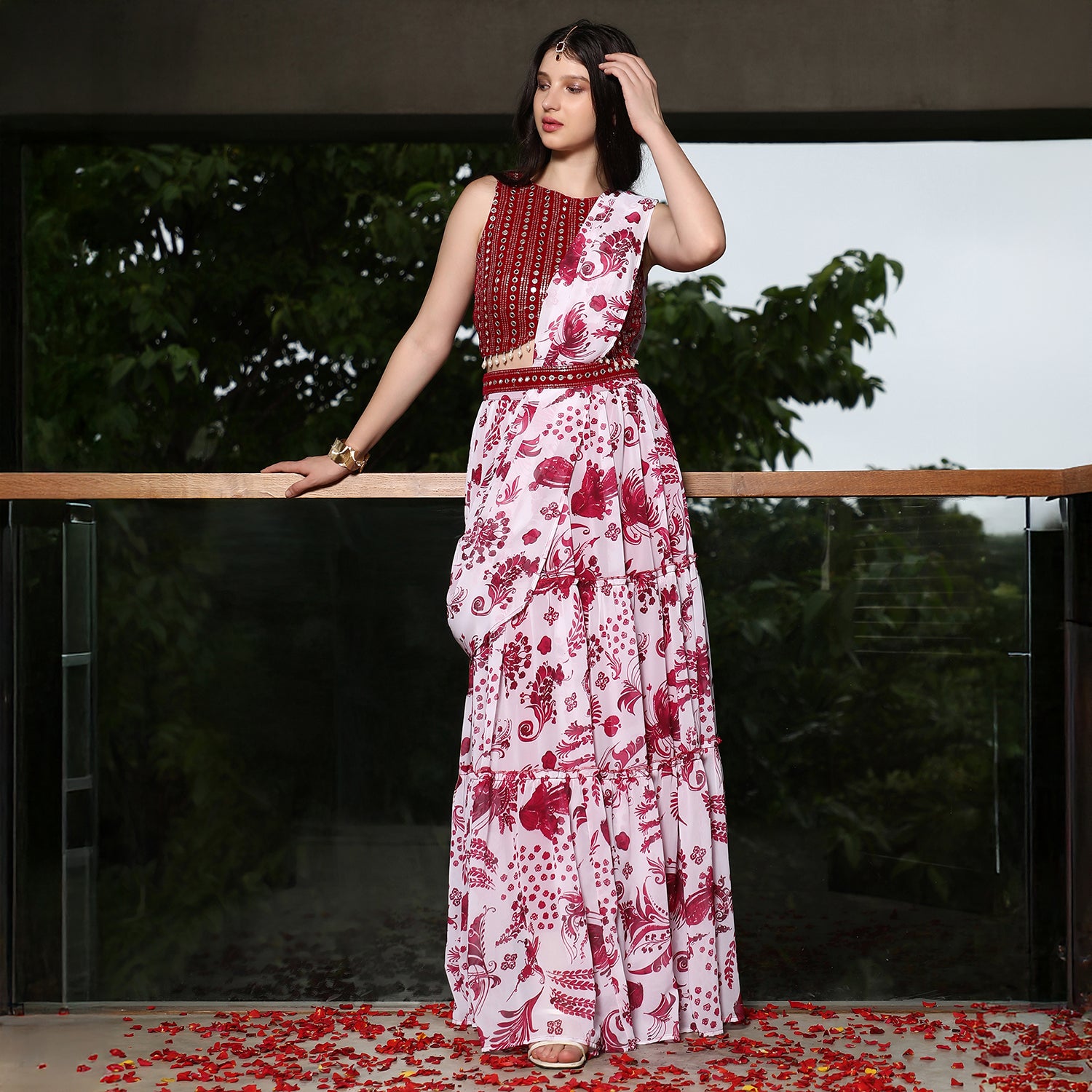Botanical Mirror-Block Pre-Draped Saree