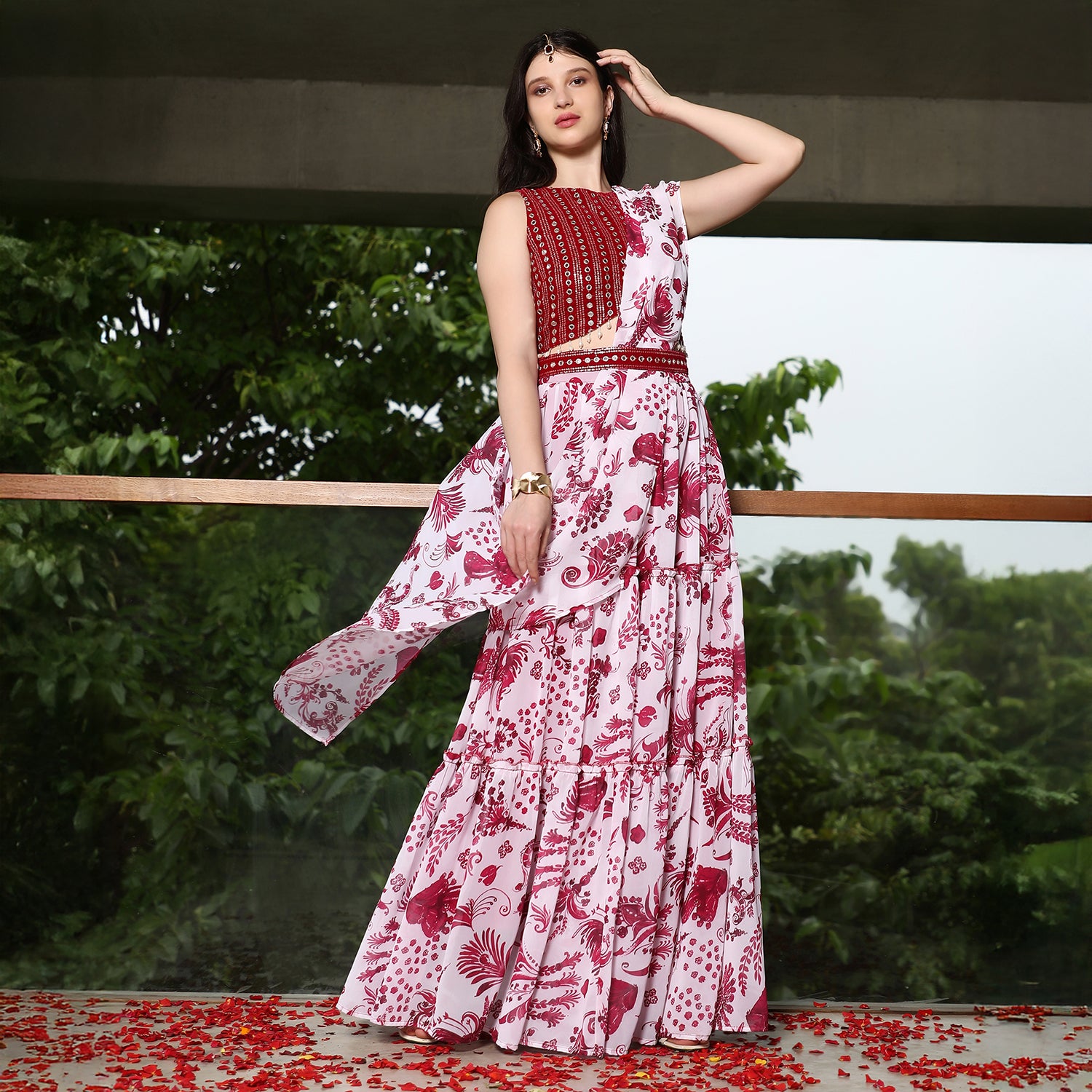 Botanical Mirror-Block Pre-Draped Saree