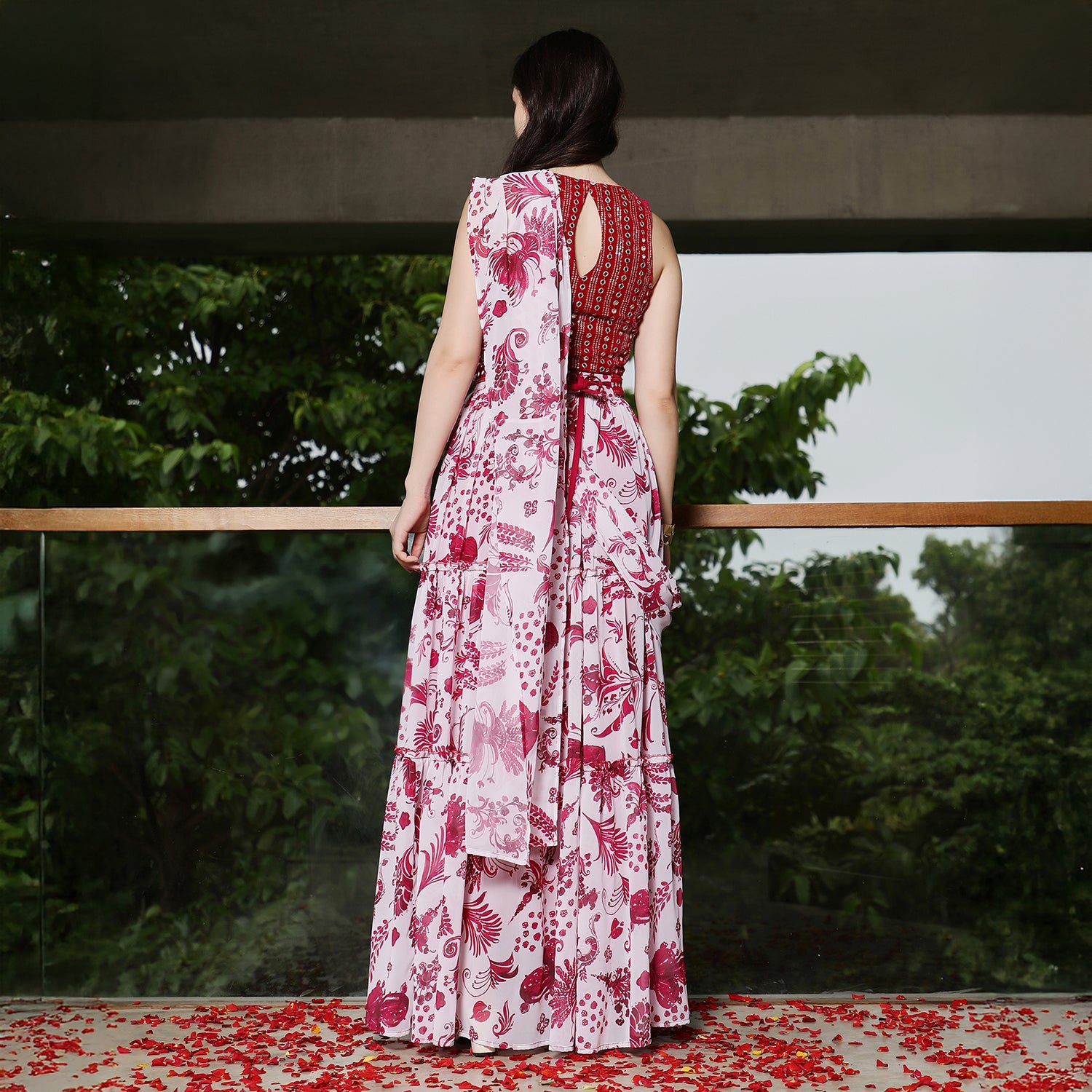 Botanical Mirror-Block Pre-Draped Saree