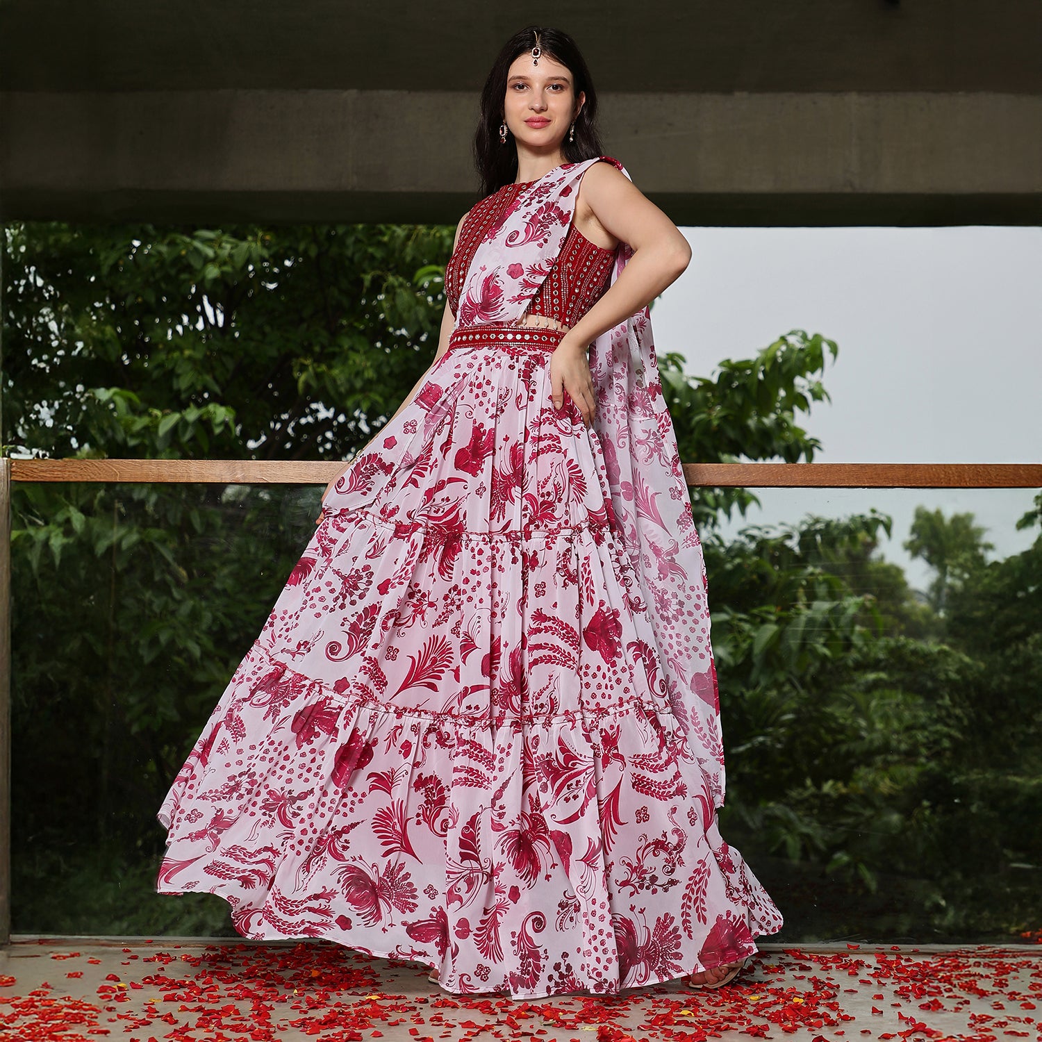 Botanical Mirror-Block Pre-Draped Saree