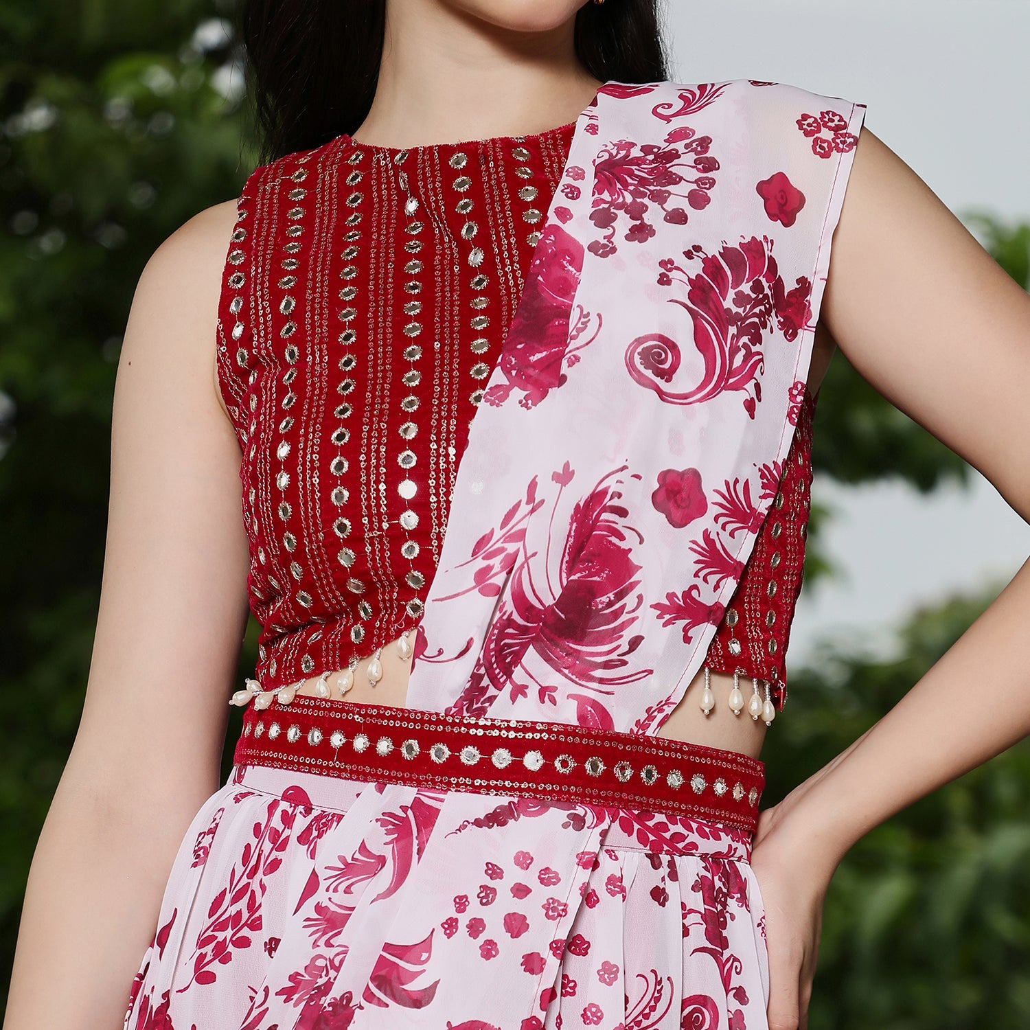 Botanical Mirror-Block Pre-Draped Saree