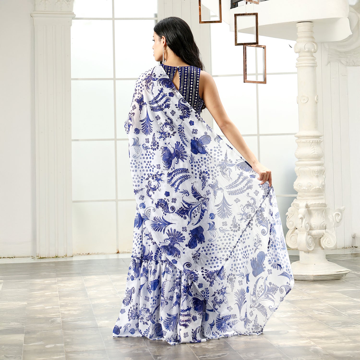 Botanical Mirror-Block Pre-Draped Saree