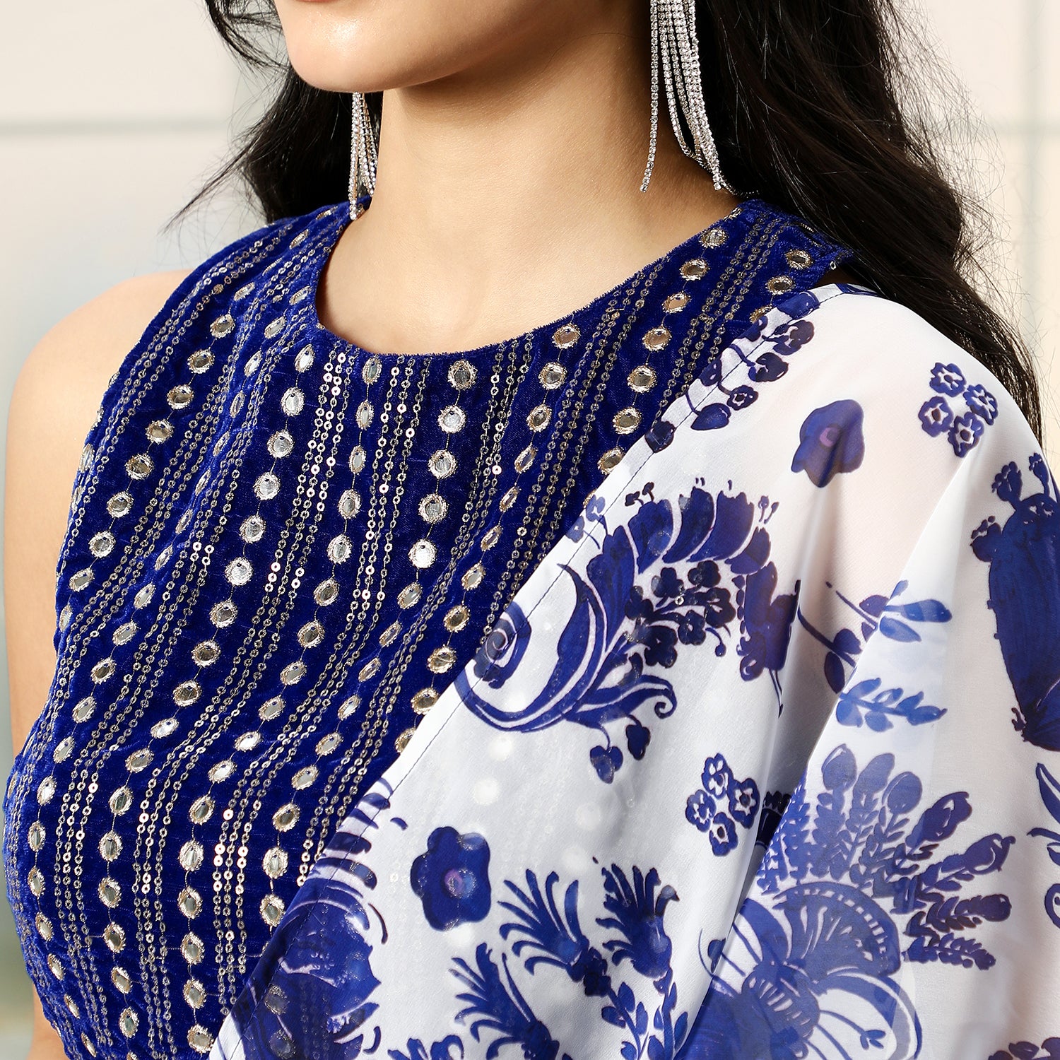 Botanical Mirror-Block Pre-Draped Saree