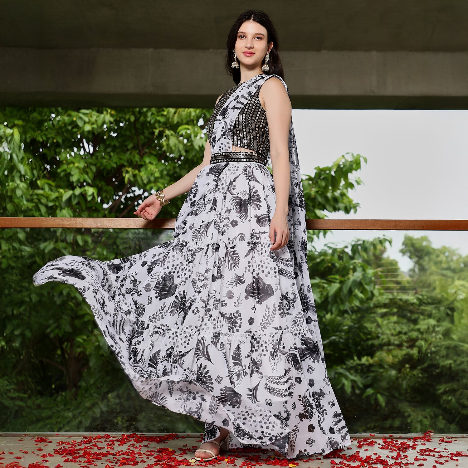 Botanical Mirror-Block Pre-Draped Saree