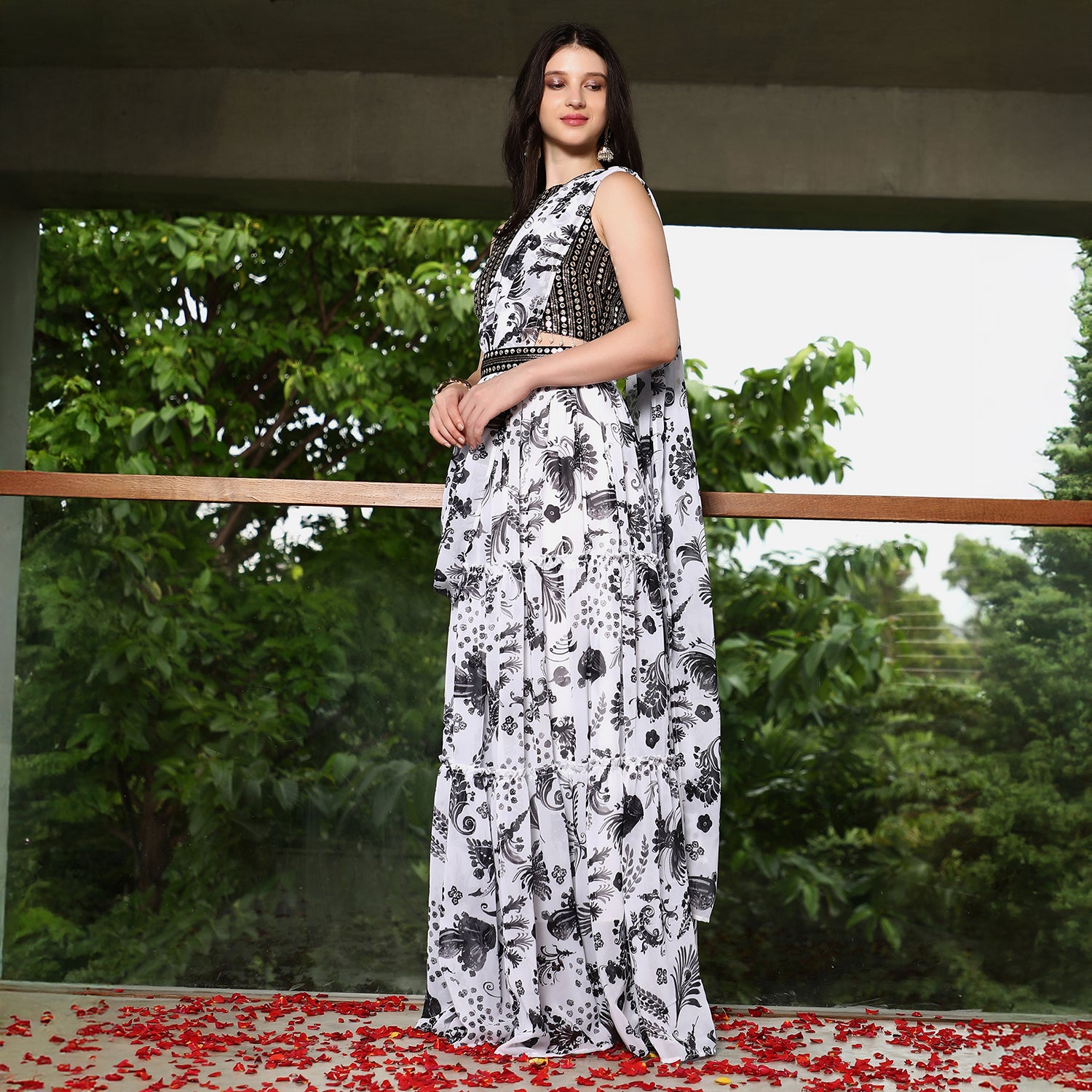 Botanical Mirror-Block Pre-Draped Saree