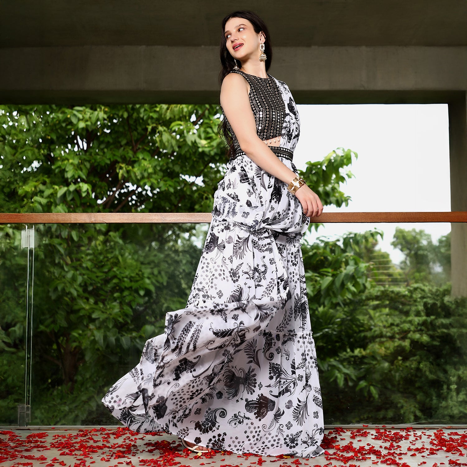 Botanical Mirror-Block Pre-Draped Saree