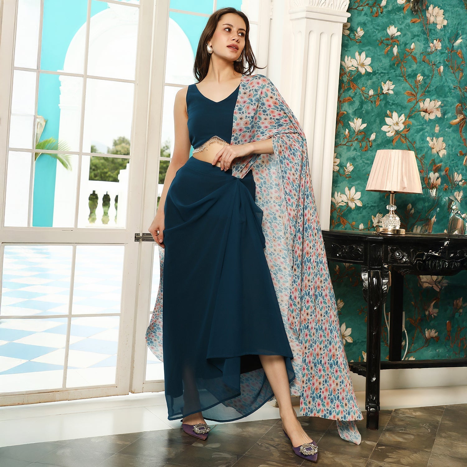 Pleated-Block Imprint Pre-Draped Saree