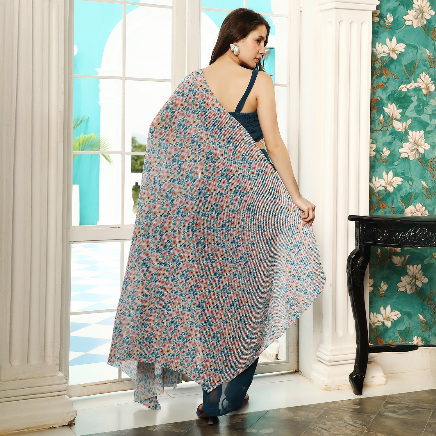 Pleated-Block Imprint Pre-Draped Saree