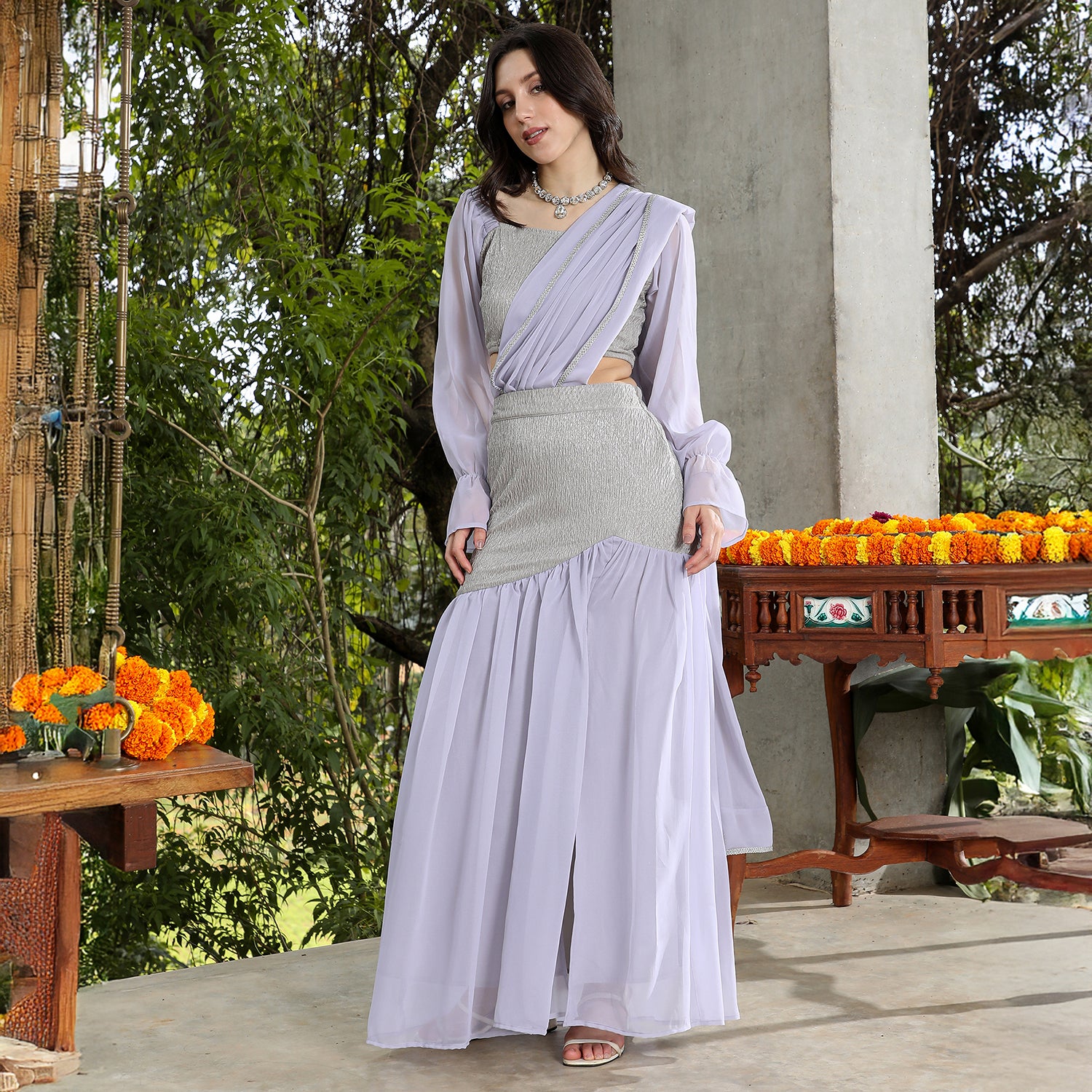 Textured-Block Pre-Draped Saree