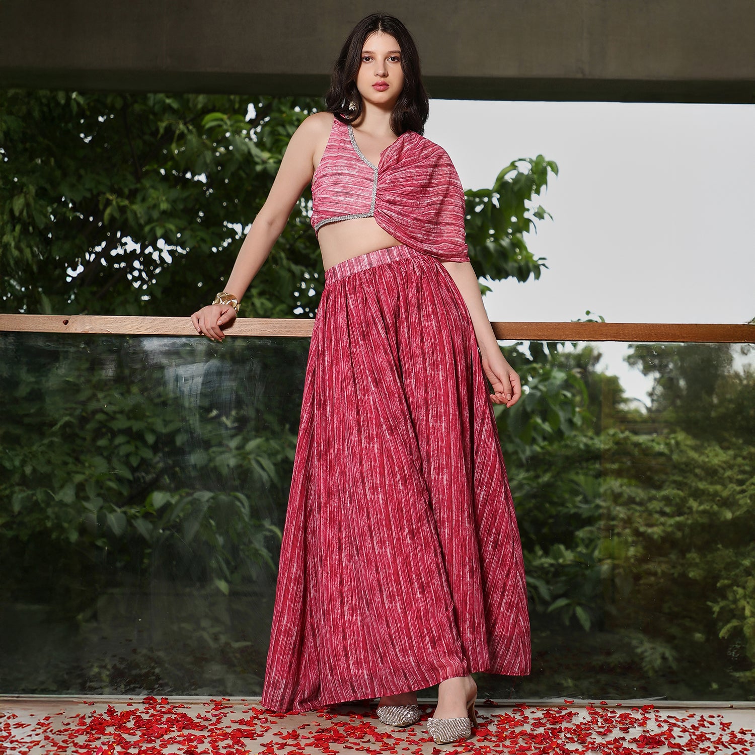Ditsy-Pleated Asymmetrical-Drape Co-Ord Set