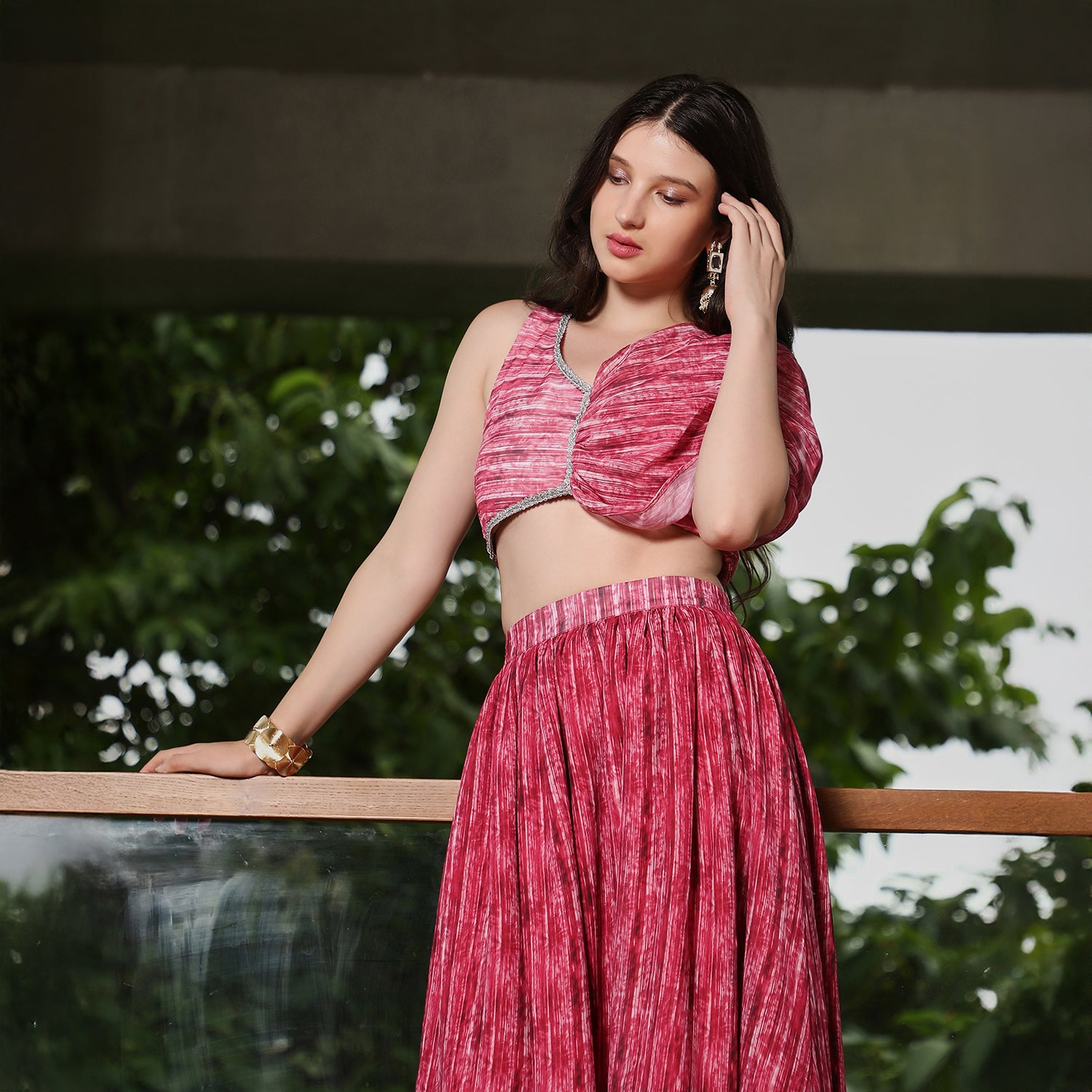 Ditsy-Pleated Asymmetrical-Drape Co-Ord Set