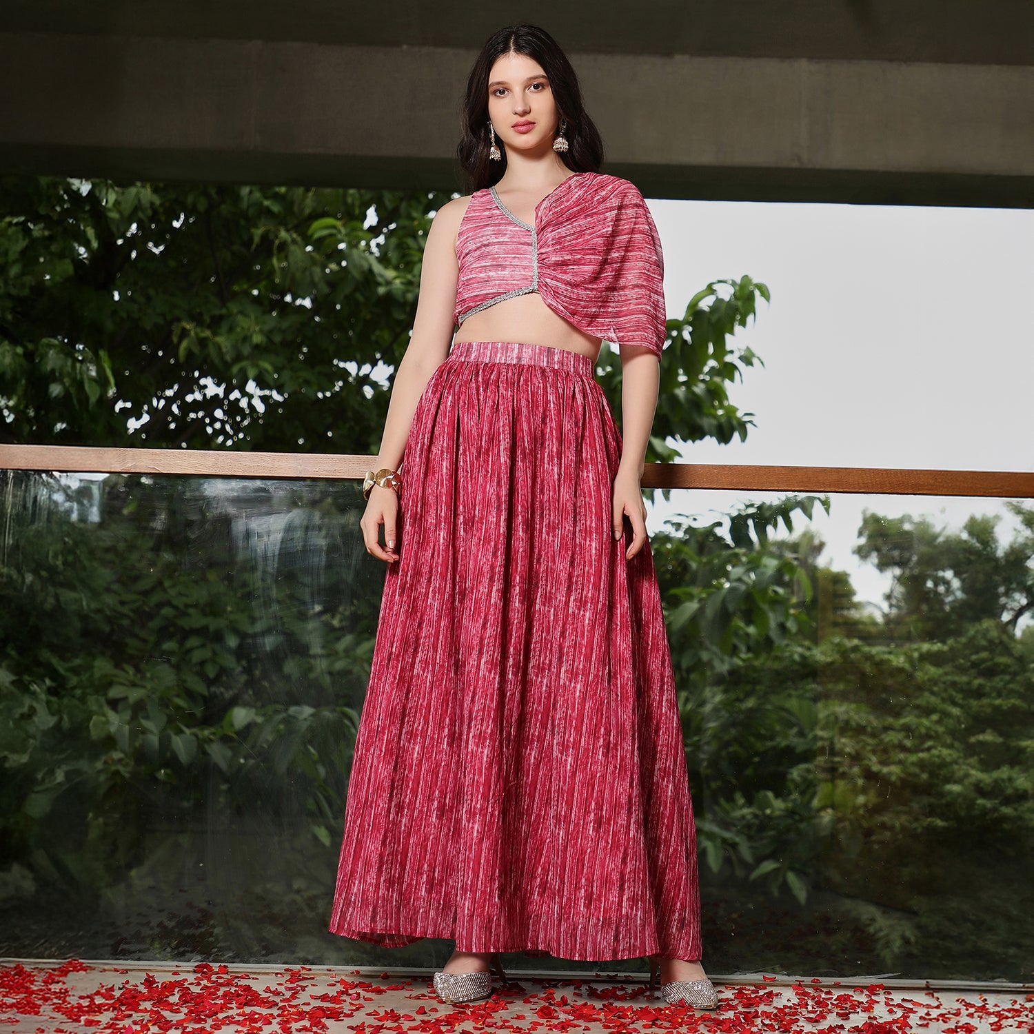 Ditsy-Pleated Asymmetrical-Drape Co-Ord Set