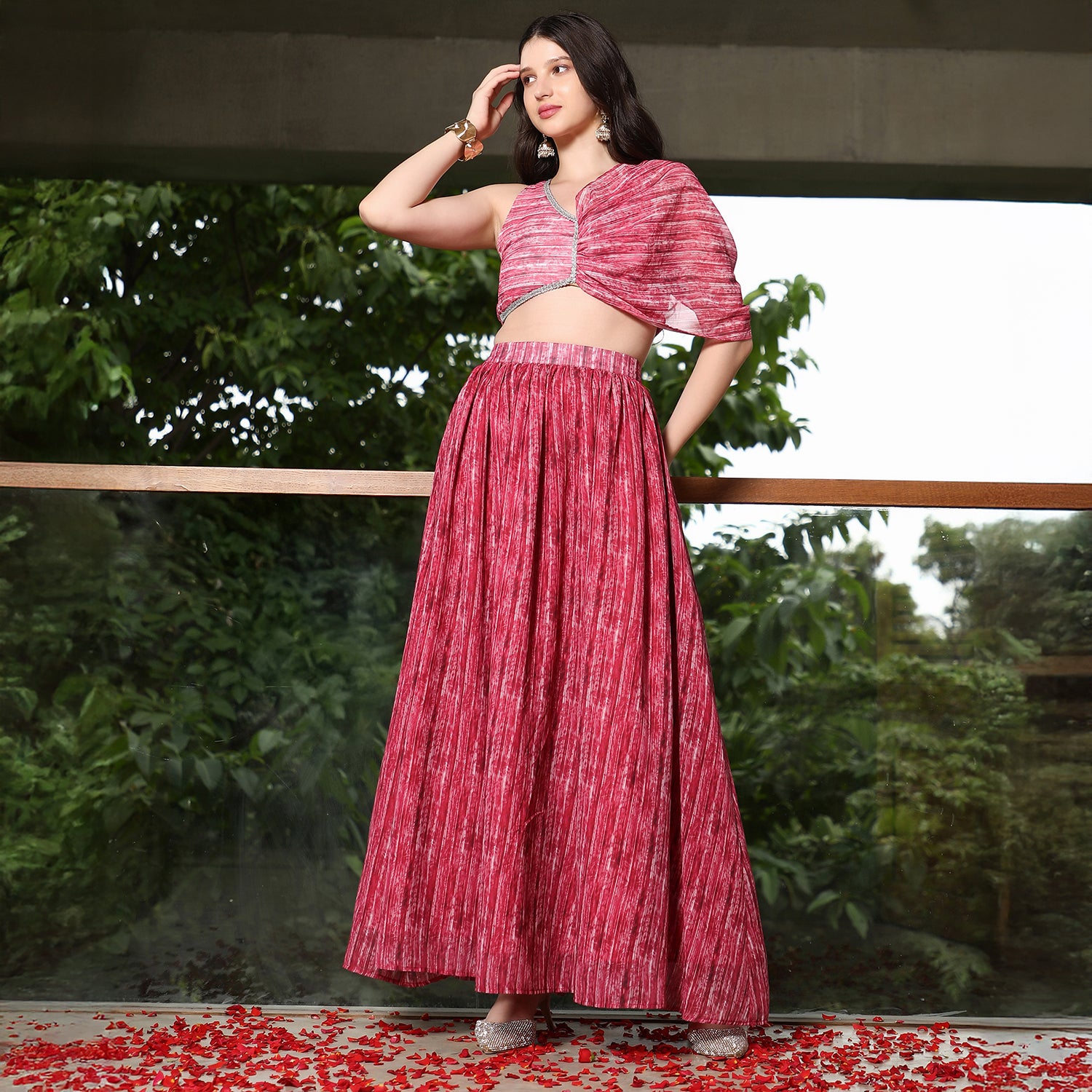 Ditsy-Pleated Asymmetrical-Drape Co-Ord Set