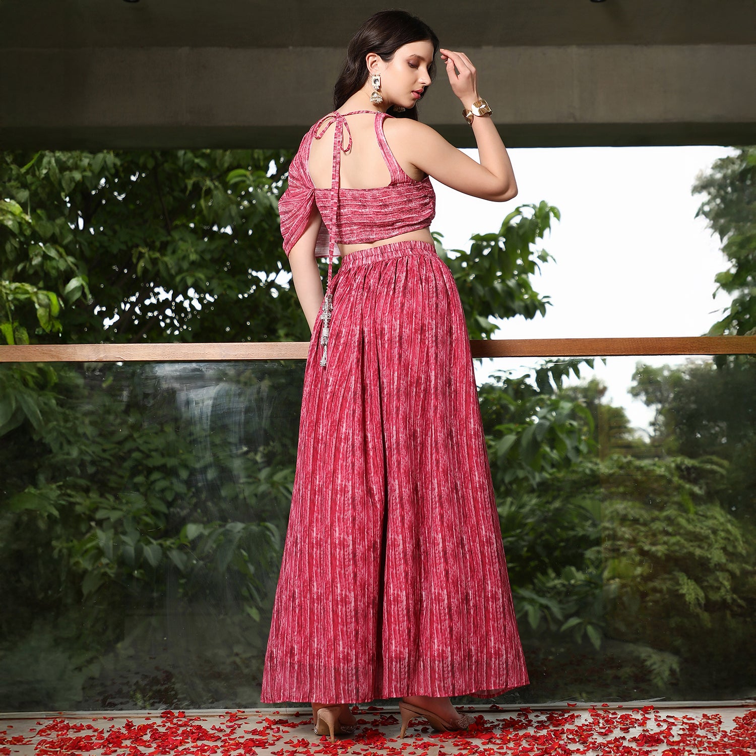 Ditsy-Pleated Asymmetrical-Drape Co-Ord Set