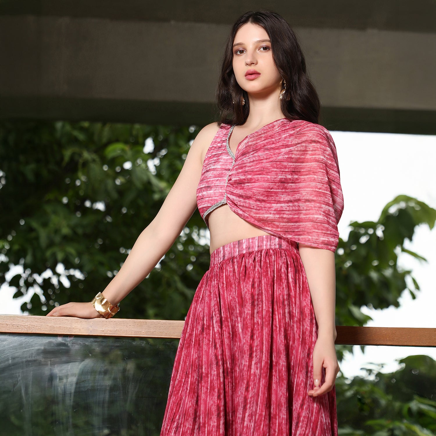 Ditsy-Pleated Asymmetrical-Drape Co-Ord Set