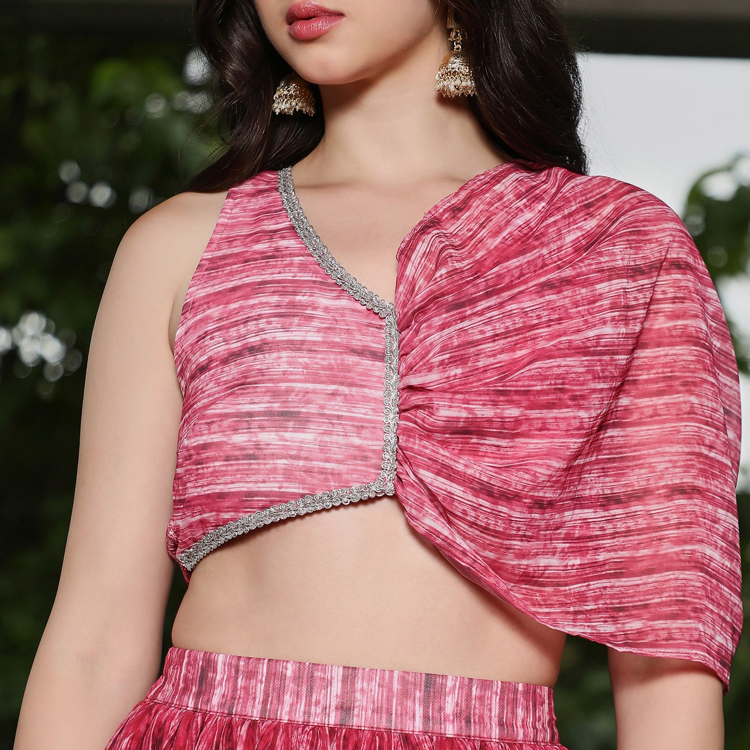 Ditsy-Pleated Asymmetrical-Drape Co-Ord Set