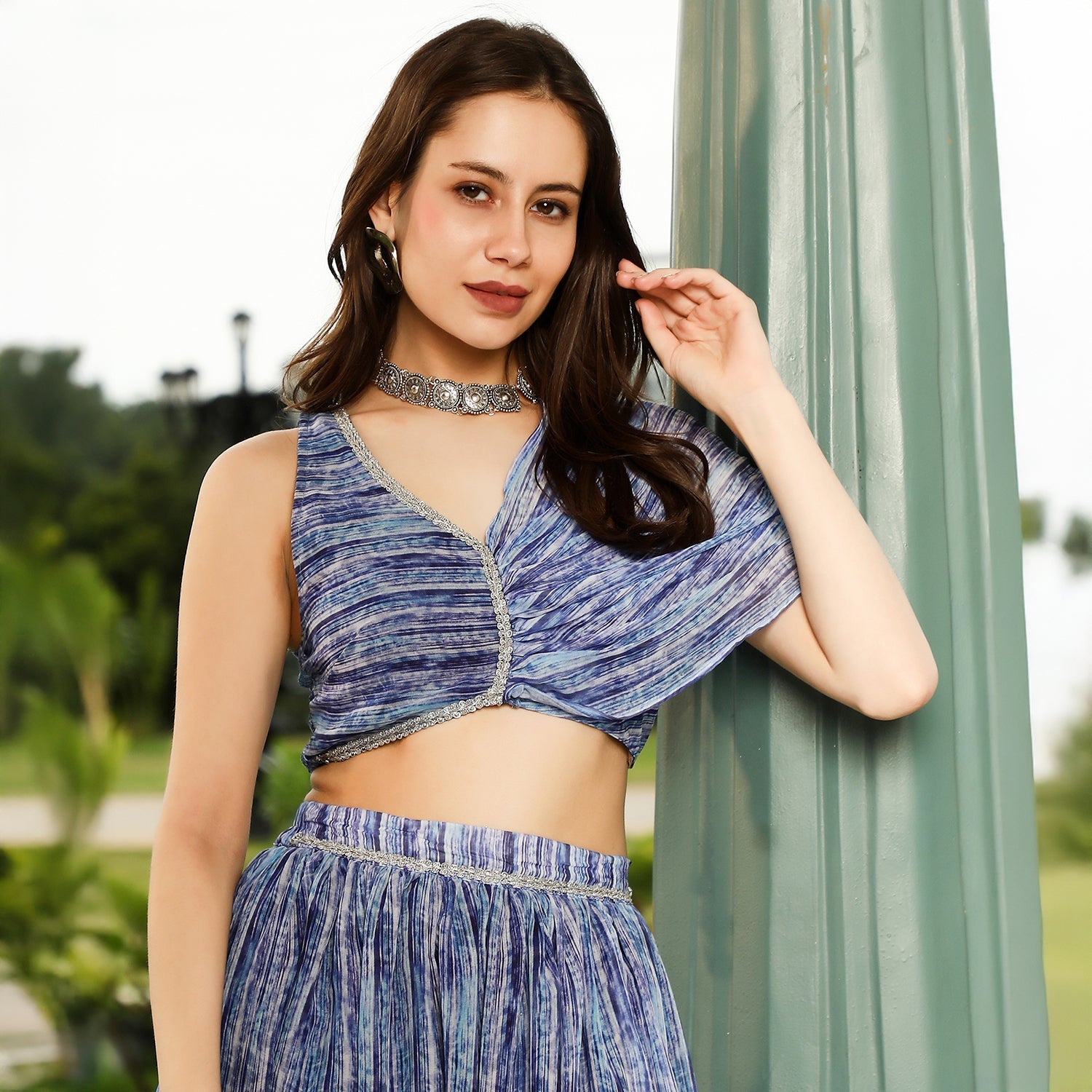 Ditsy-Pleated Asymmetrical-Drape Co-Ord Set