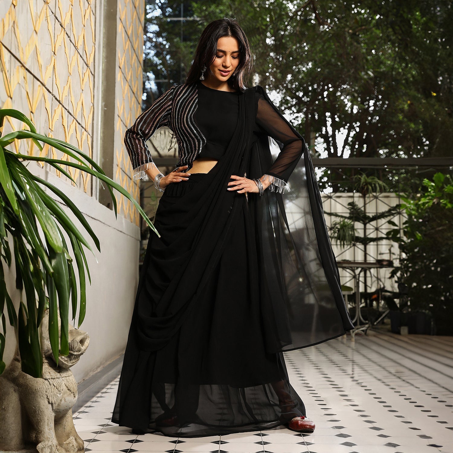 Embellished Lined Pre-Draped Saree