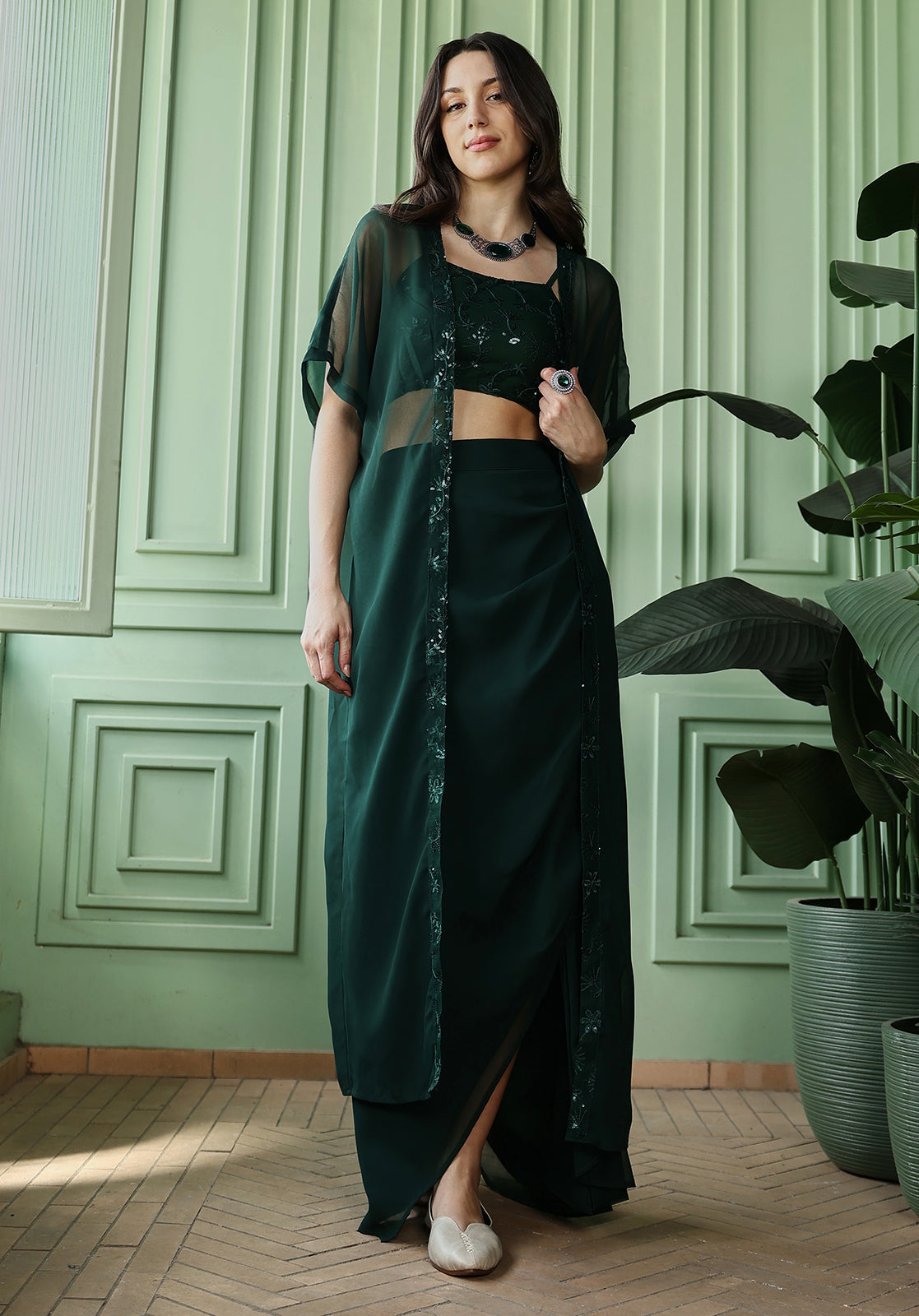 Floral-Embroidery Draped Co-Ord Set