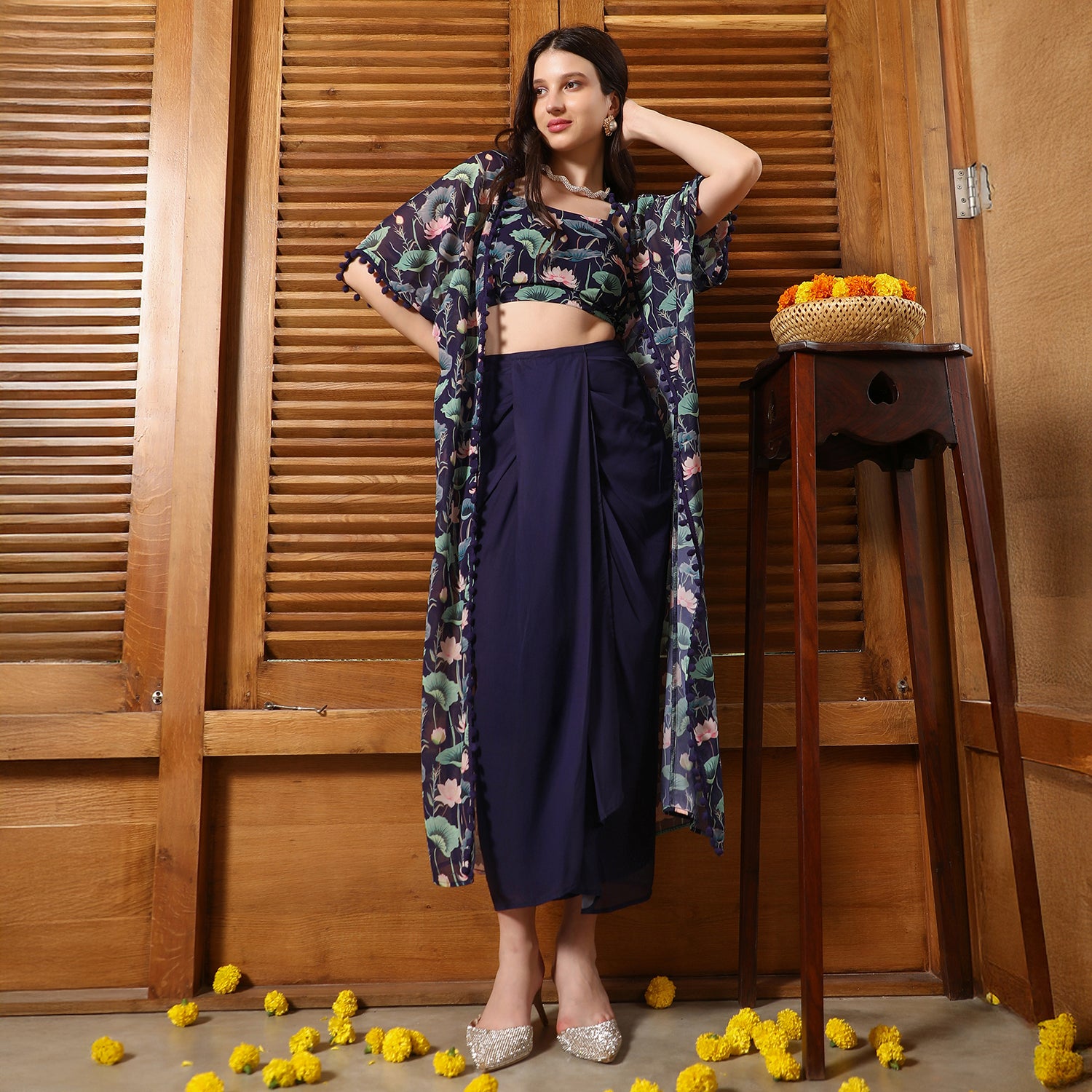 Flora-Imprint Draped Co-Ord Set