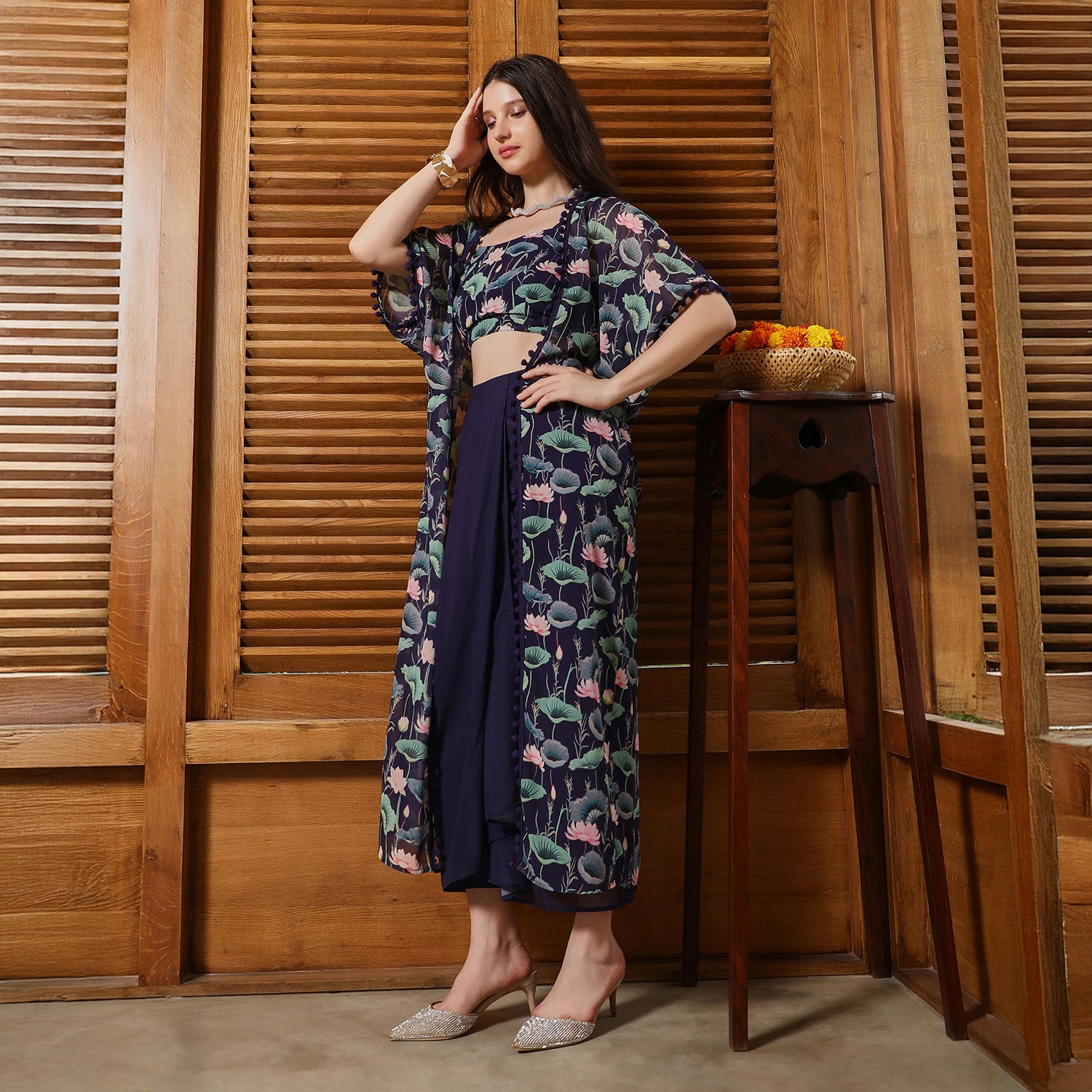 Flora-Imprint Draped Co-Ord Set