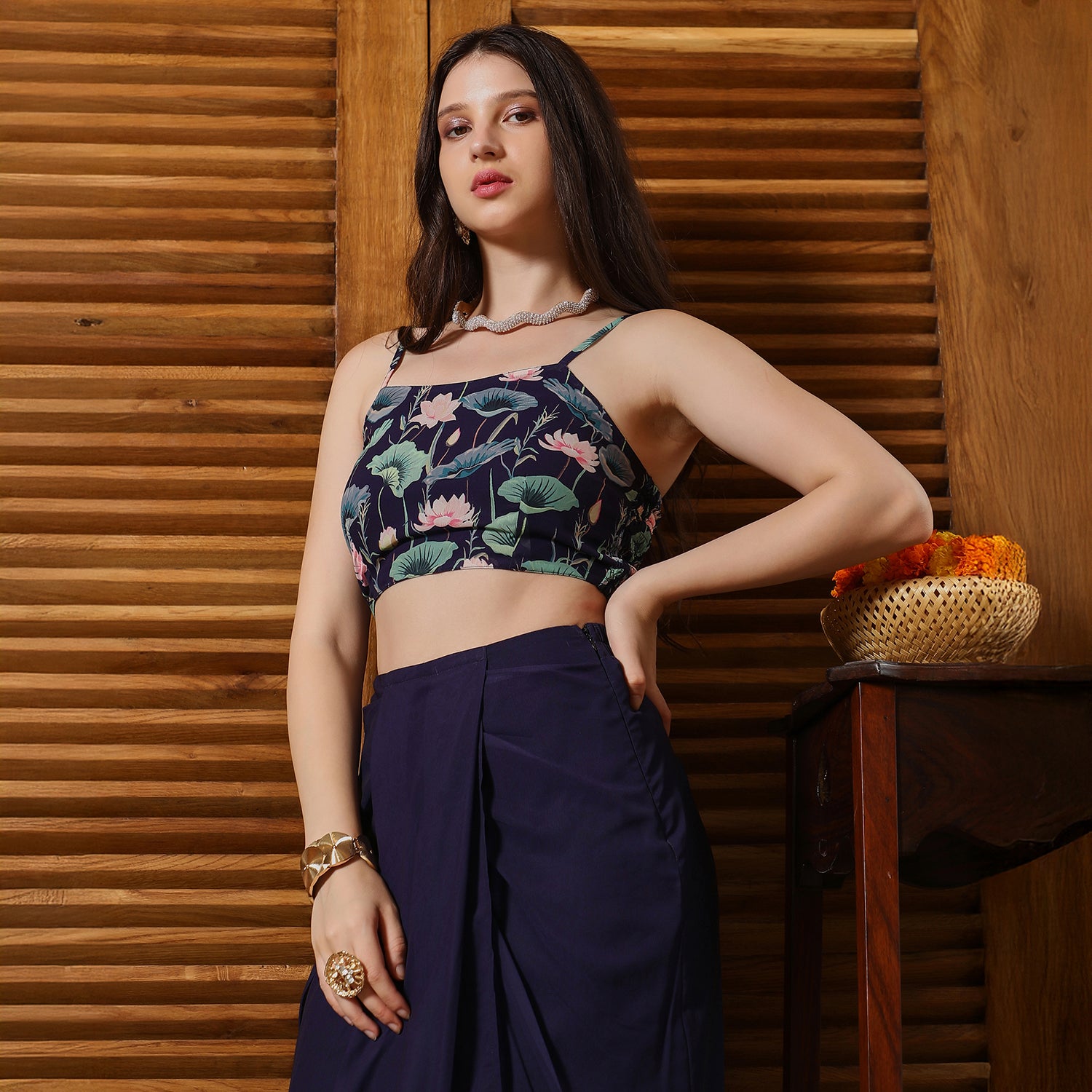 Flora-Imprint Draped Co-Ord Set