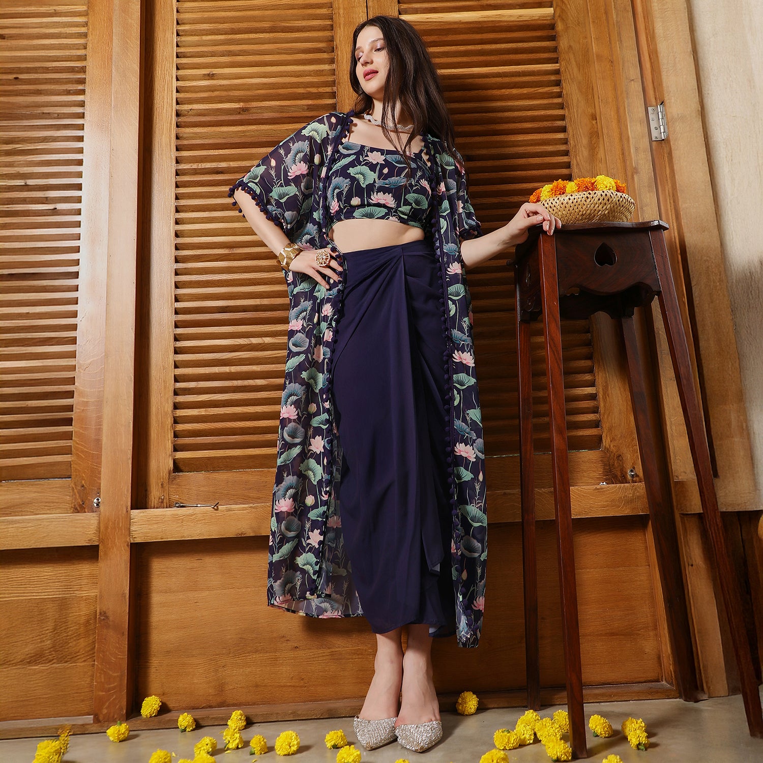 Flora-Imprint Draped Co-Ord Set