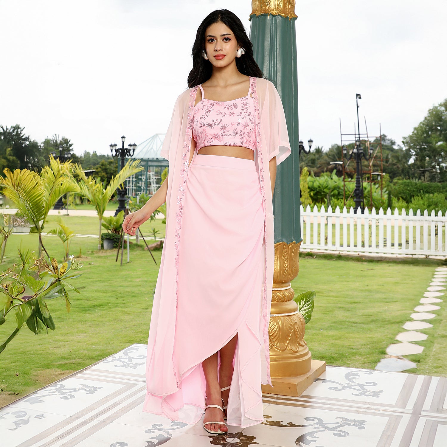 Floral-Embroidery Draped Co-Ord Set